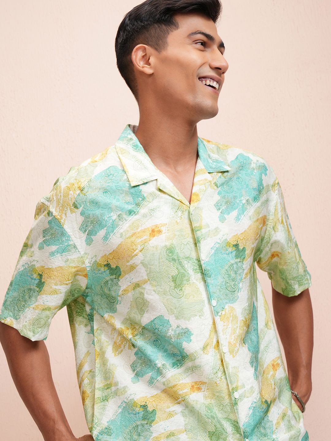 

LOCOMOTIVE Men Cuban Collar Abstract Printed Oversized Casual Shirt, Yellow
