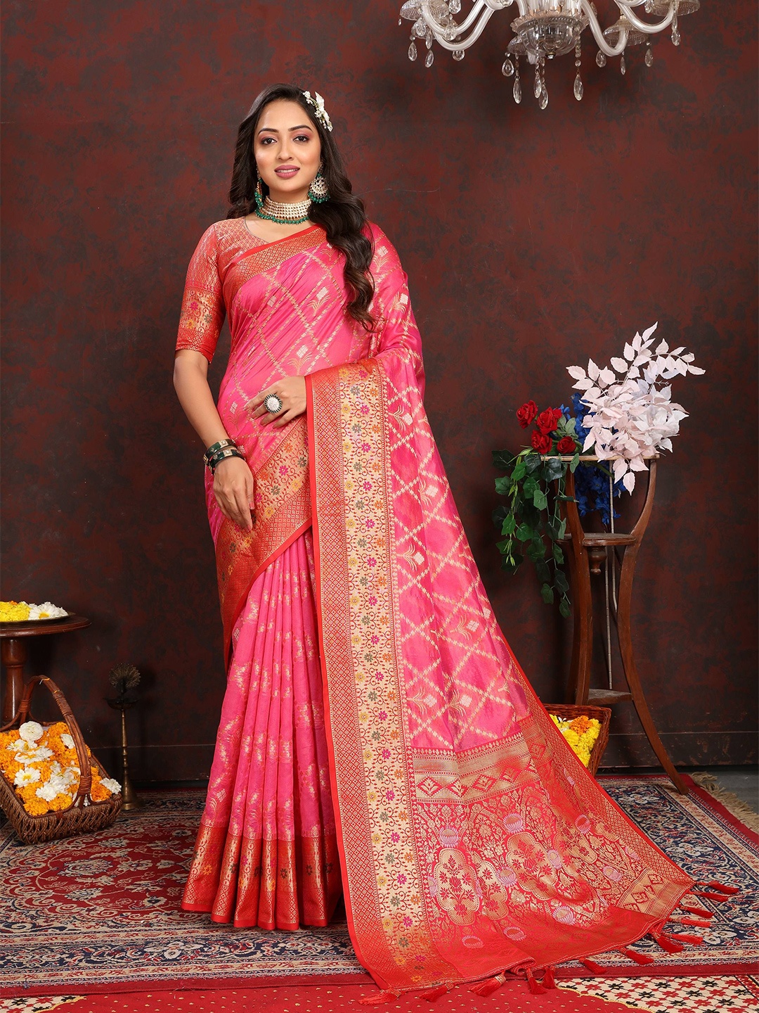 

Zeekha Kalamkari Zari Organza Kanjeevaram Saree, Pink