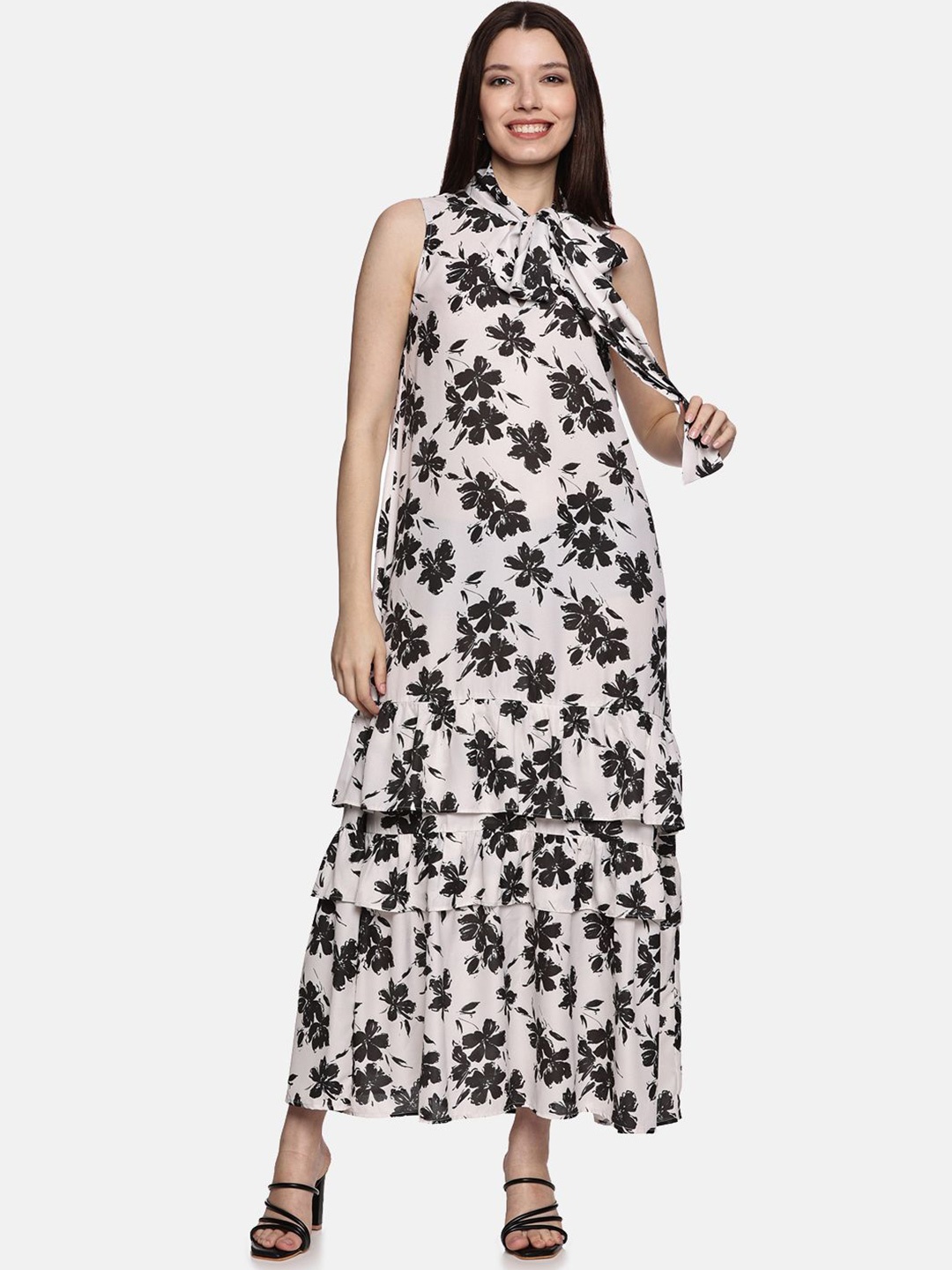 

ISU Women Floral Printed Tie-Up Neck Maxi Dress, Off white