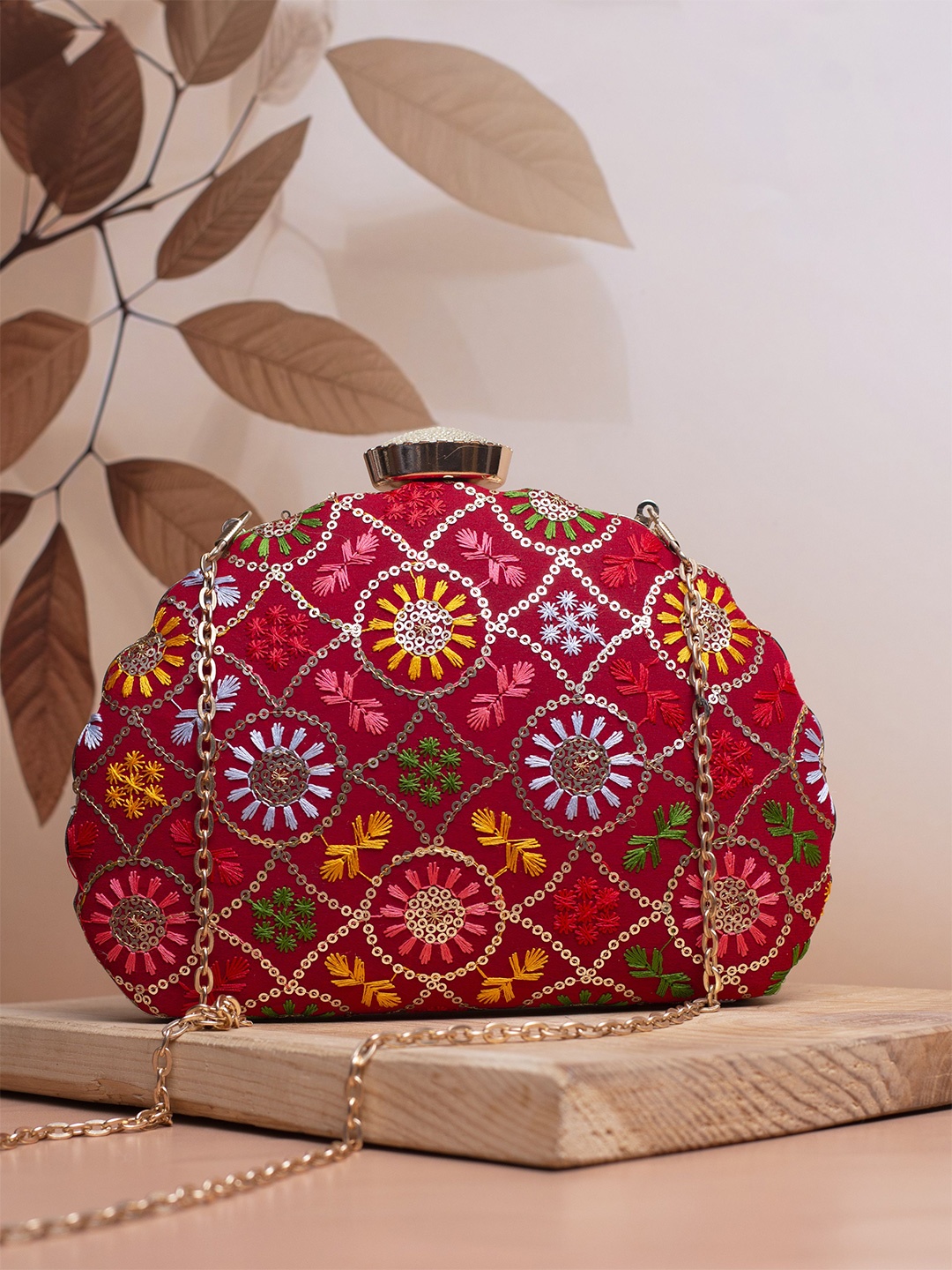 

ARTKLIM Embroidered Embellished Box Clutch, Red