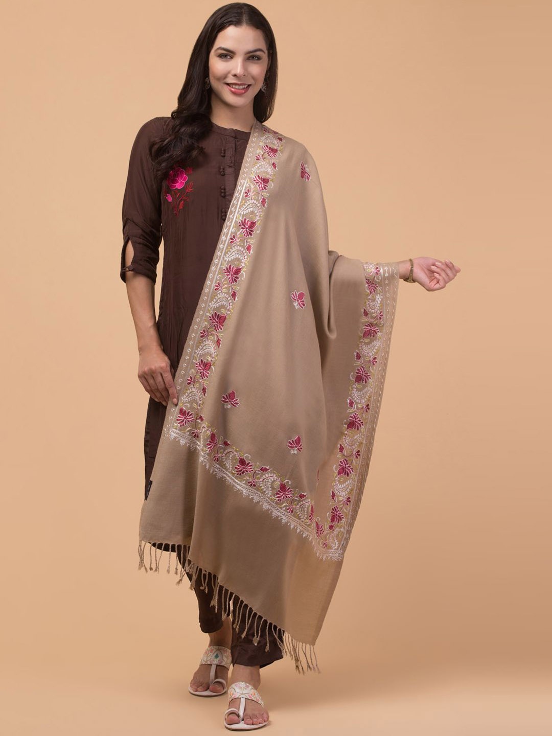 

Tweedle Floral Embroidered Acrylic Shawl, Beige