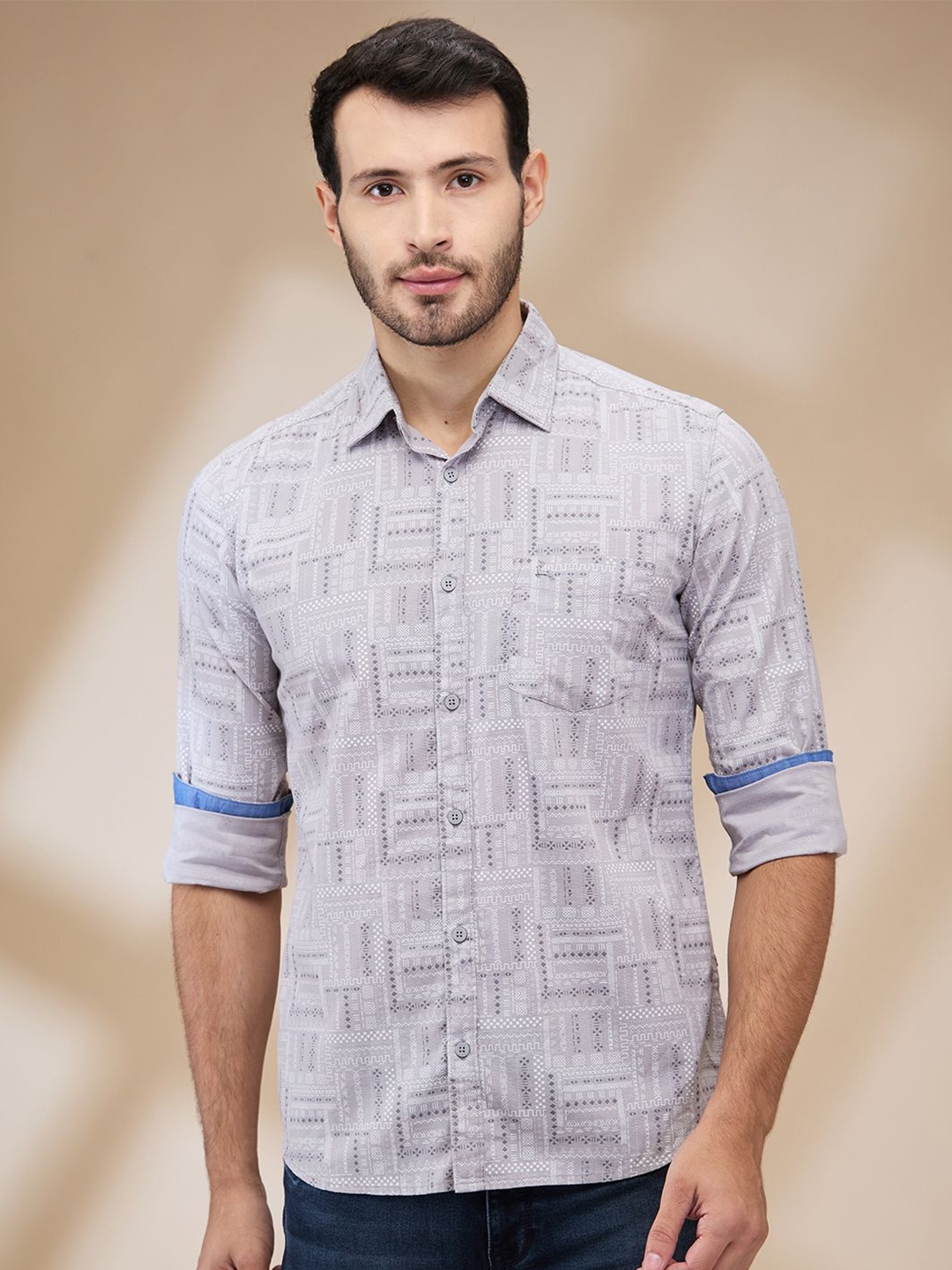 

Parx Men Spread Collar Geometric Printed Cotton Slim Fit Casual Shirt, Grey