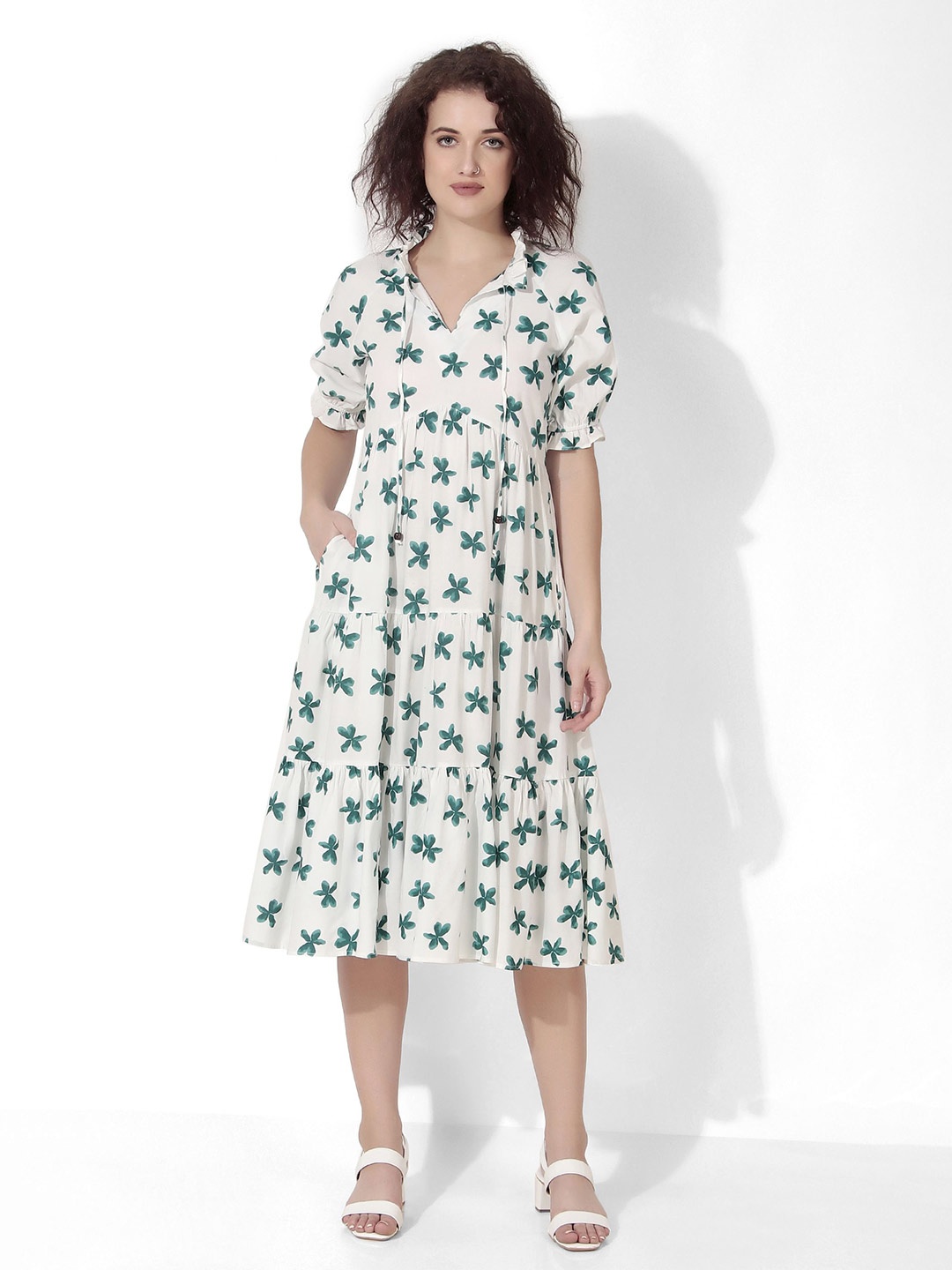 

Seryeon Women Floral Printed Puff Sleeve A-Line Midi Dress, White