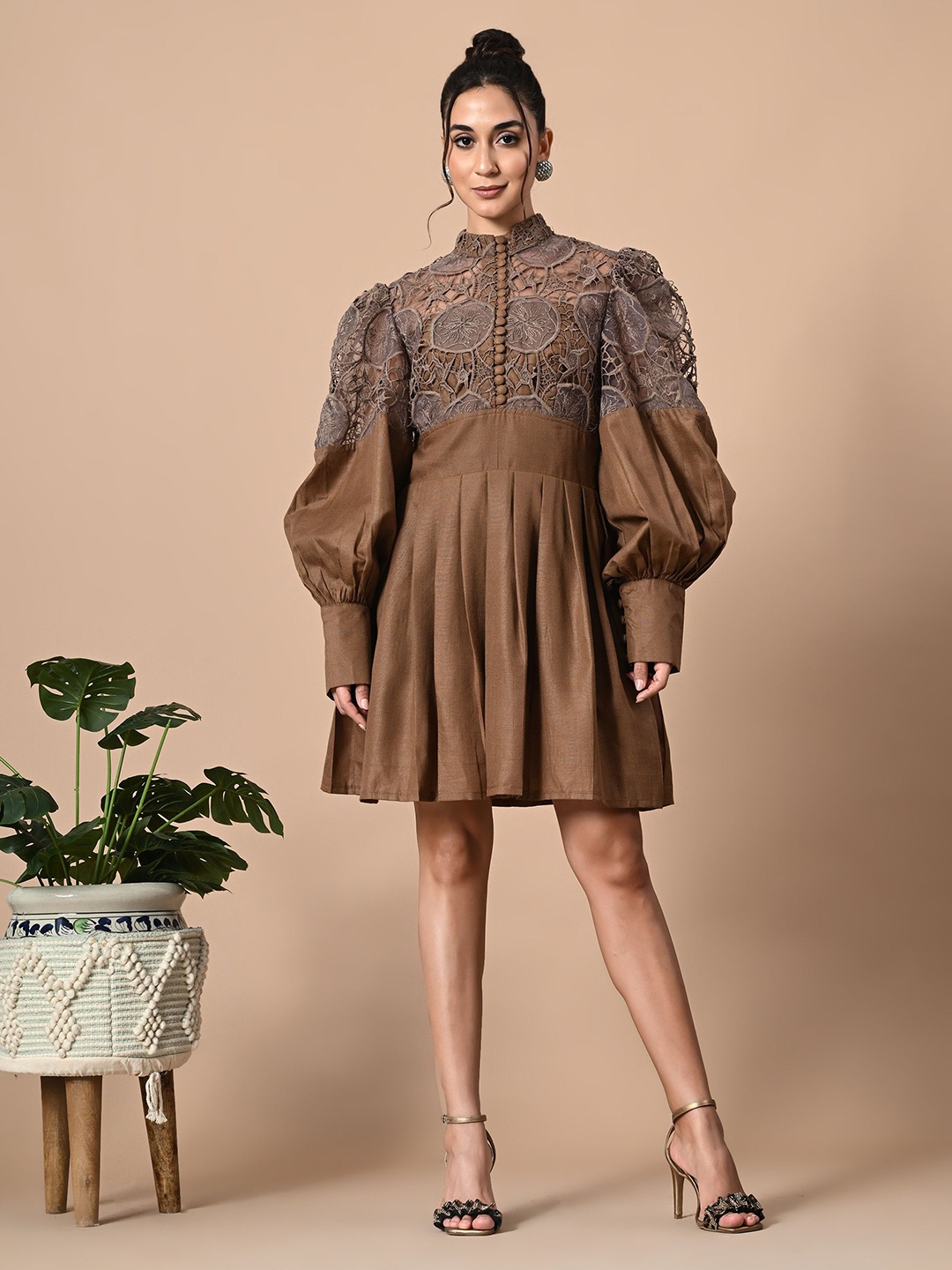

PANKH Lace-Up Detail Fit & Flare Dress, Brown