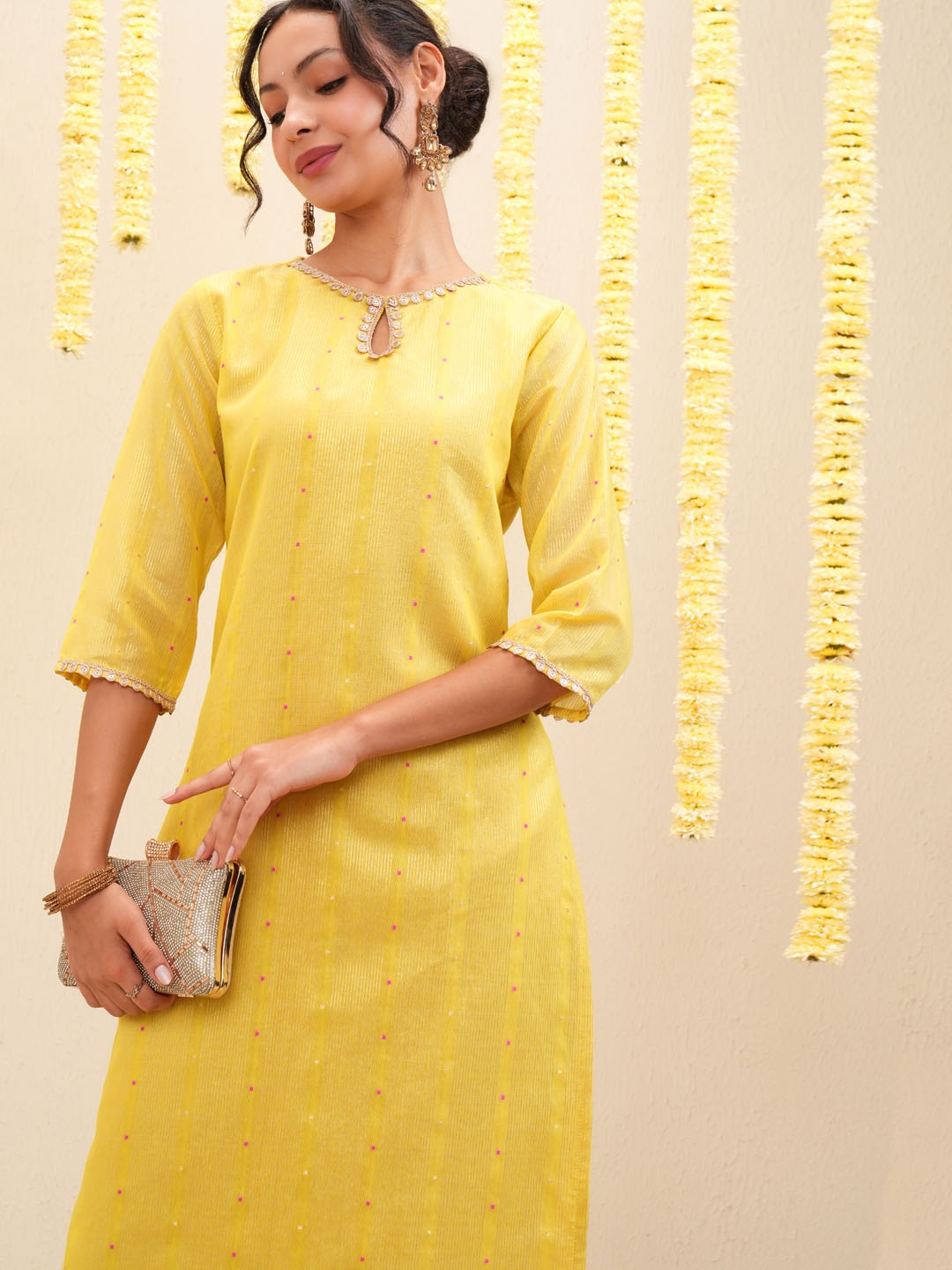 

Vishudh Ethnic Motifs Printed Keyhole Neck Mirror Work Kurta, Yellow