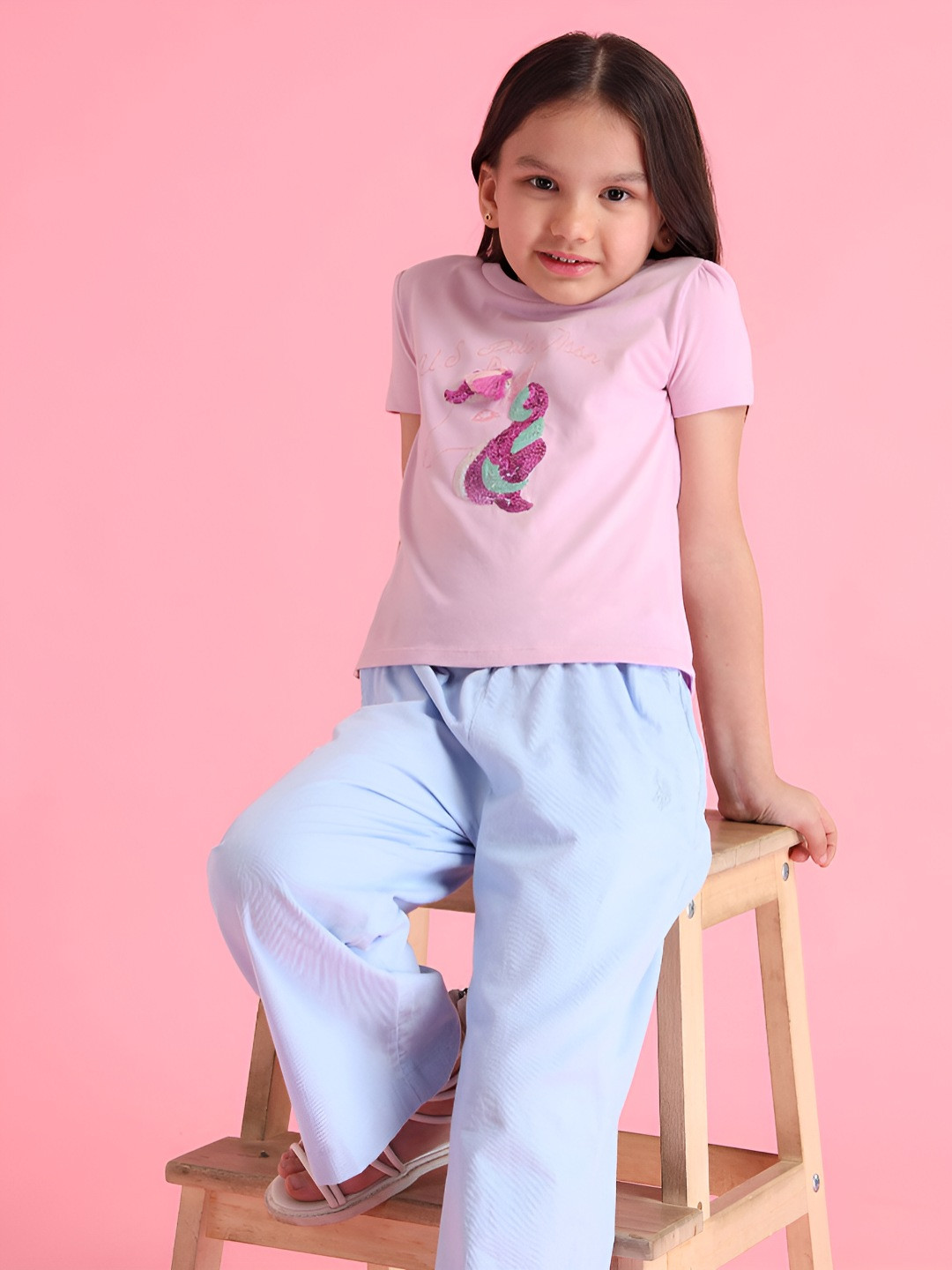 

U.S. Polo Assn. Kids Girls Graphic Printed Round Neck Cotton T-shirt, Pink