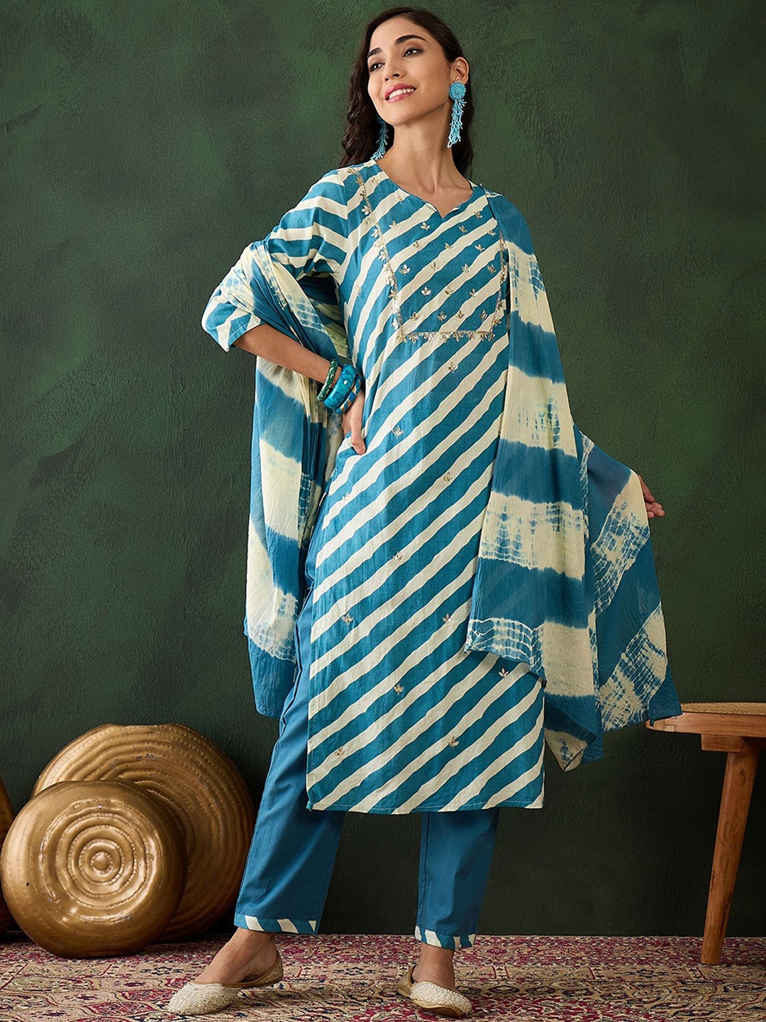 

Sangria Blue Striped Embroidered Sequenned Pure Cotton Kurta With Trouser & Dupatta, Teal