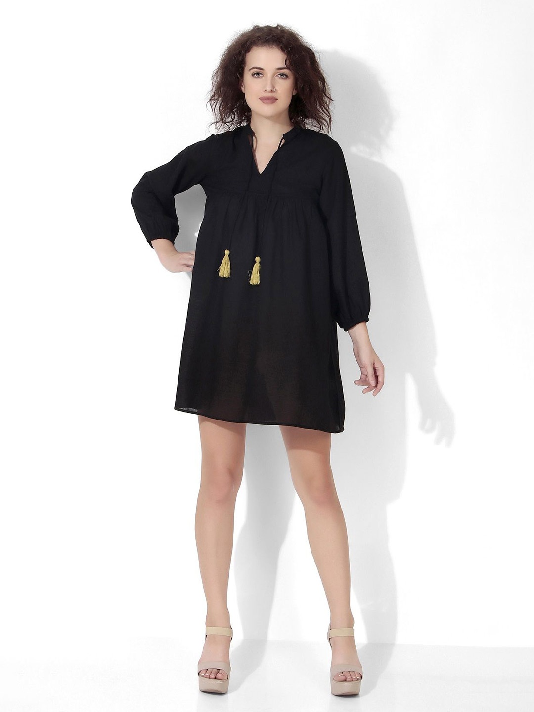 

Seryeon Women Solid Puff Sleeve A-Line Cotton Mini Dress, Black