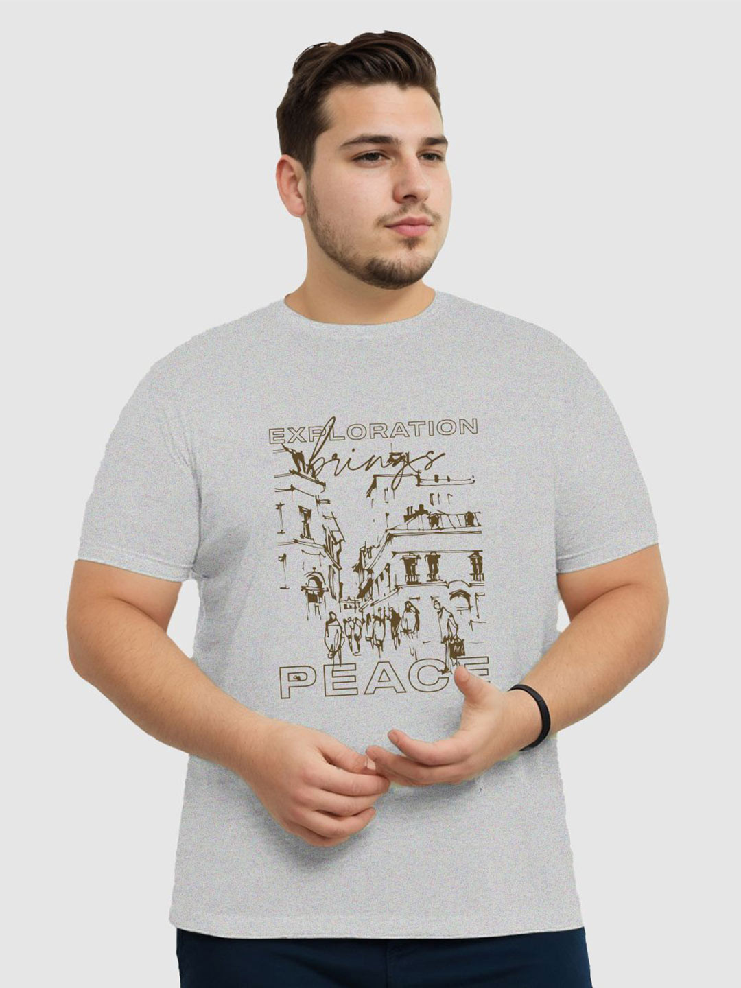 

NOBERO Men Graphic Printed Round Neck Cotton Plus Size T-shirt, Grey melange