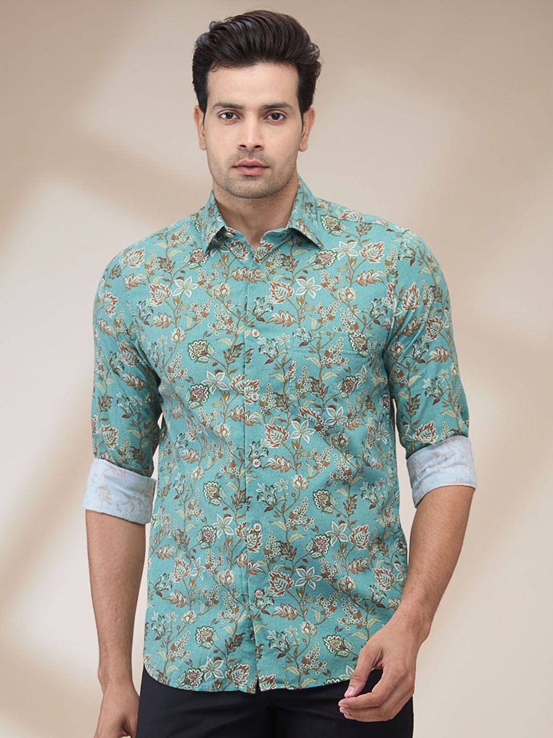 

ColorPlus Men Spread Collar Floral Printed Cotton Casual Shirt, Green