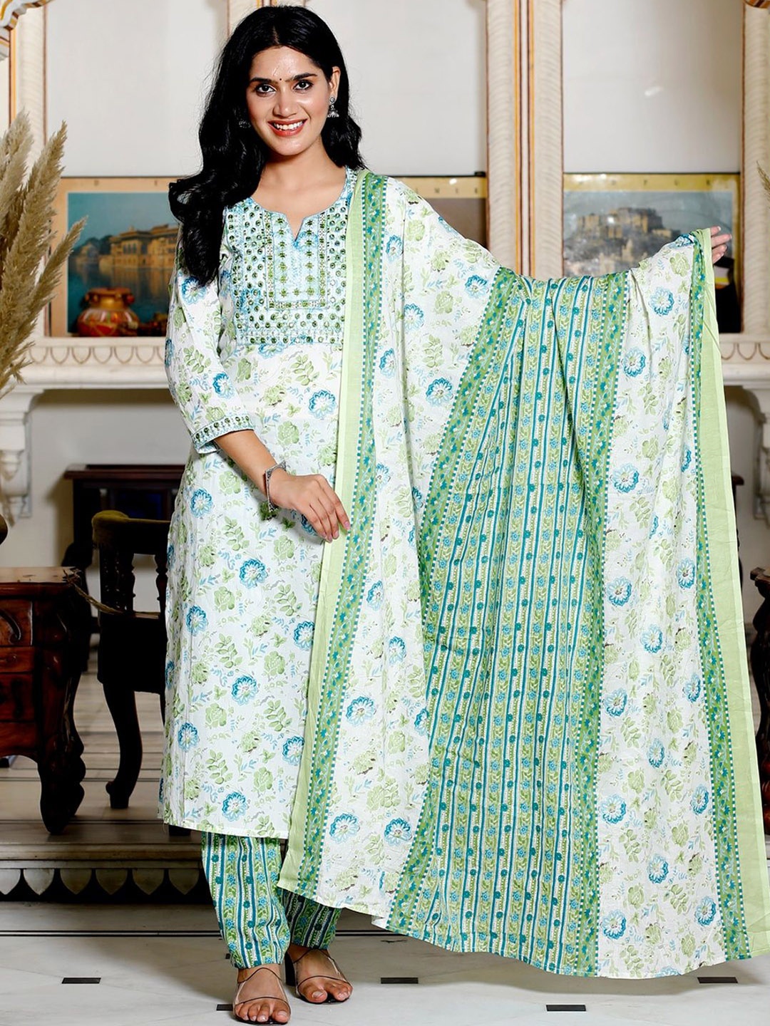 

Lovista Printed Embroidered Mirror Work Pure Cotton Straight Kurta with Trousers & Dupatta, Green