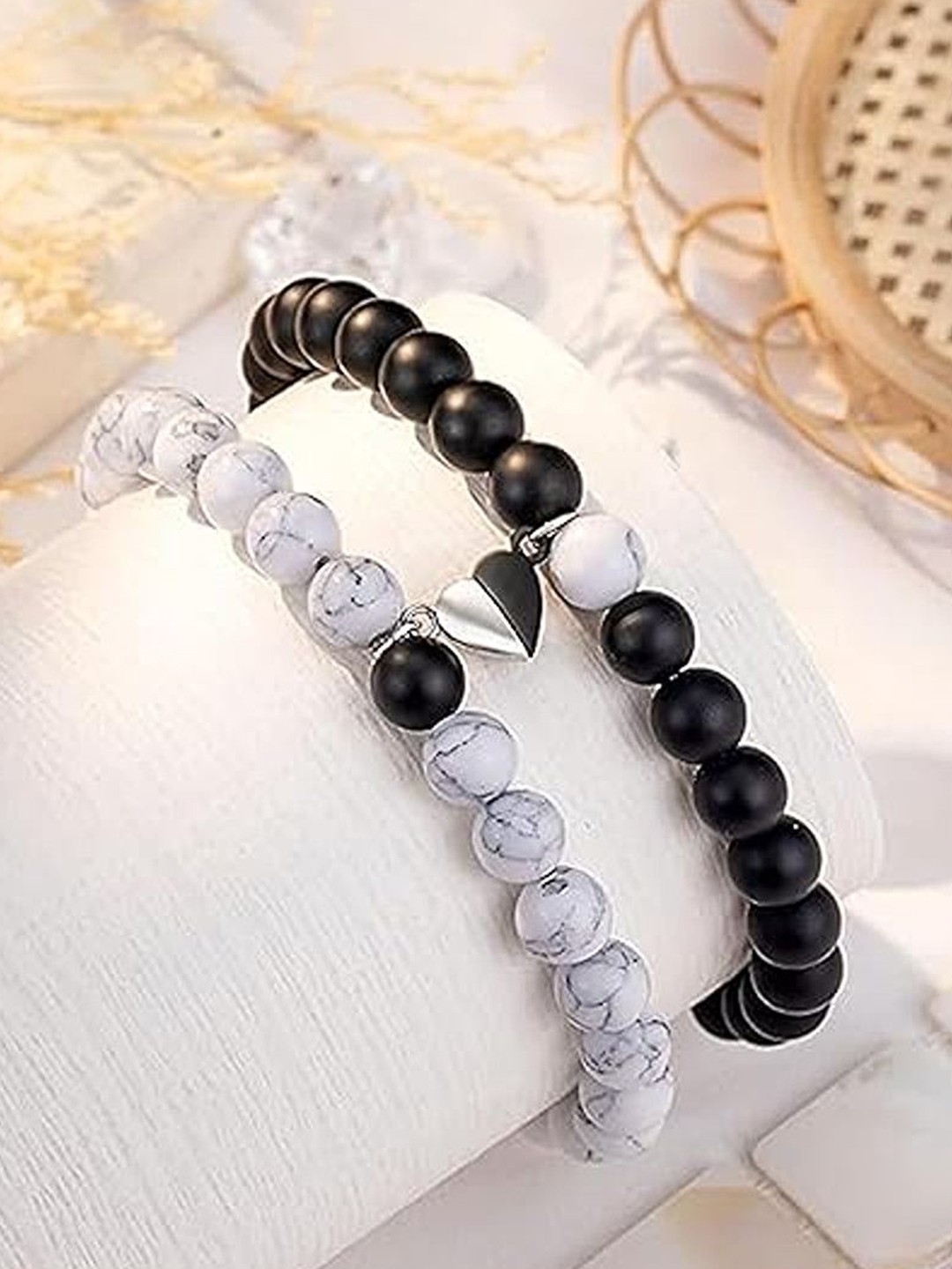 

Heer Collection Unisex Set of 2 Beaded Wood Elasticated Bracelet, Black