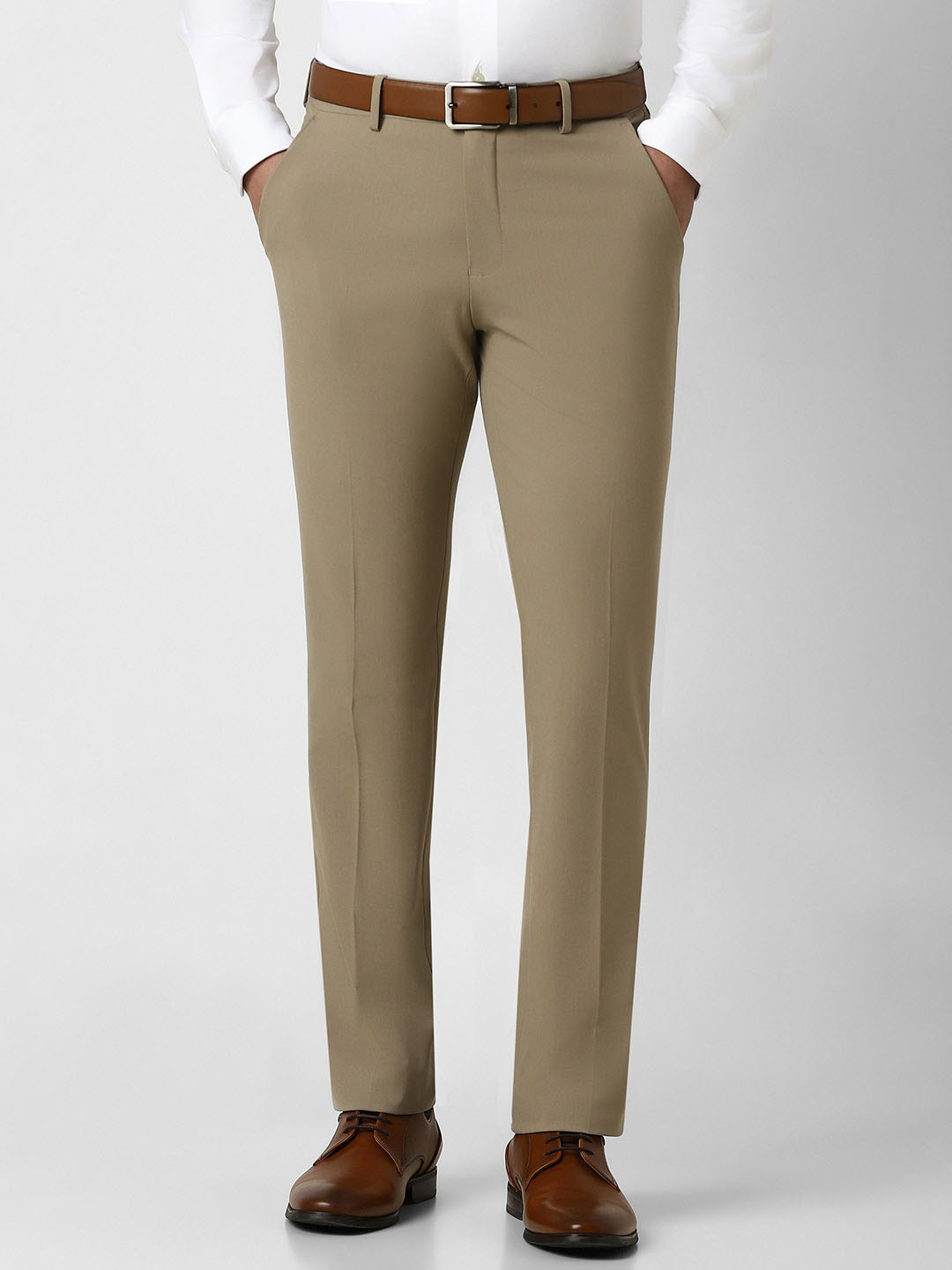 

V Dot Men Solid Slim Fit Mid-Rise Formal Trousers, Beige