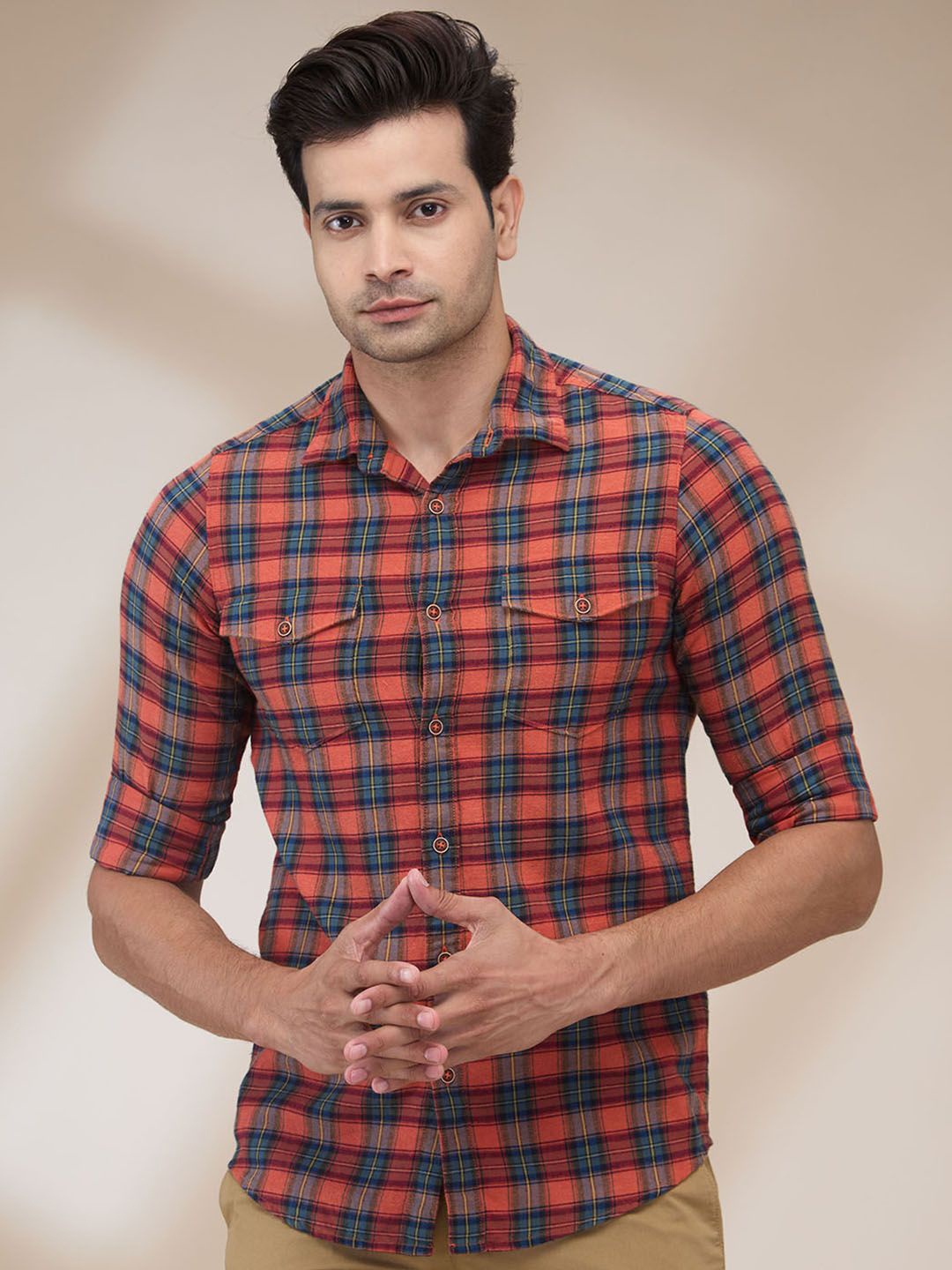 

ColorPlus Men Spread Collar Tartan Checked Cotton Slim Fit Casual Shirt, Red