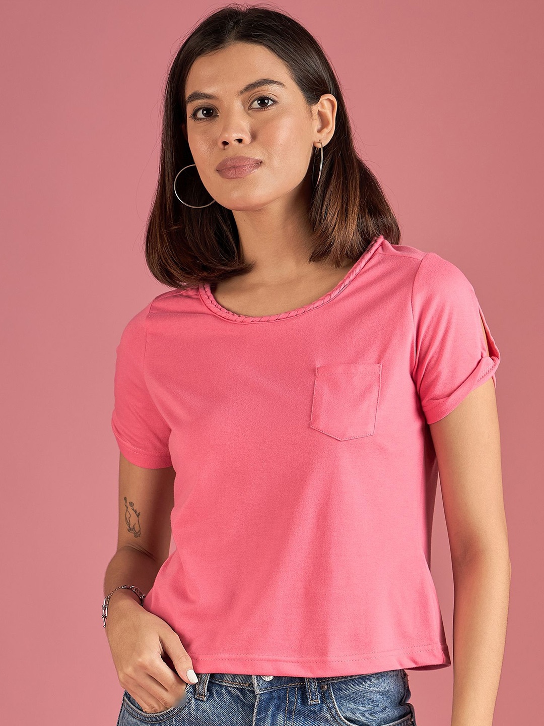 

DressBerry Women Solid Round Neck Cotton Top, Pink