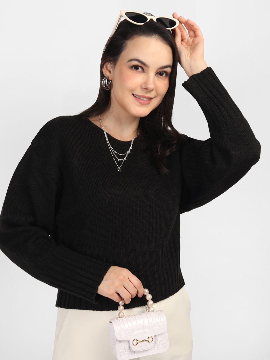 

CHKOKKO Women Round Neck Solid Pullover Sweater, Black