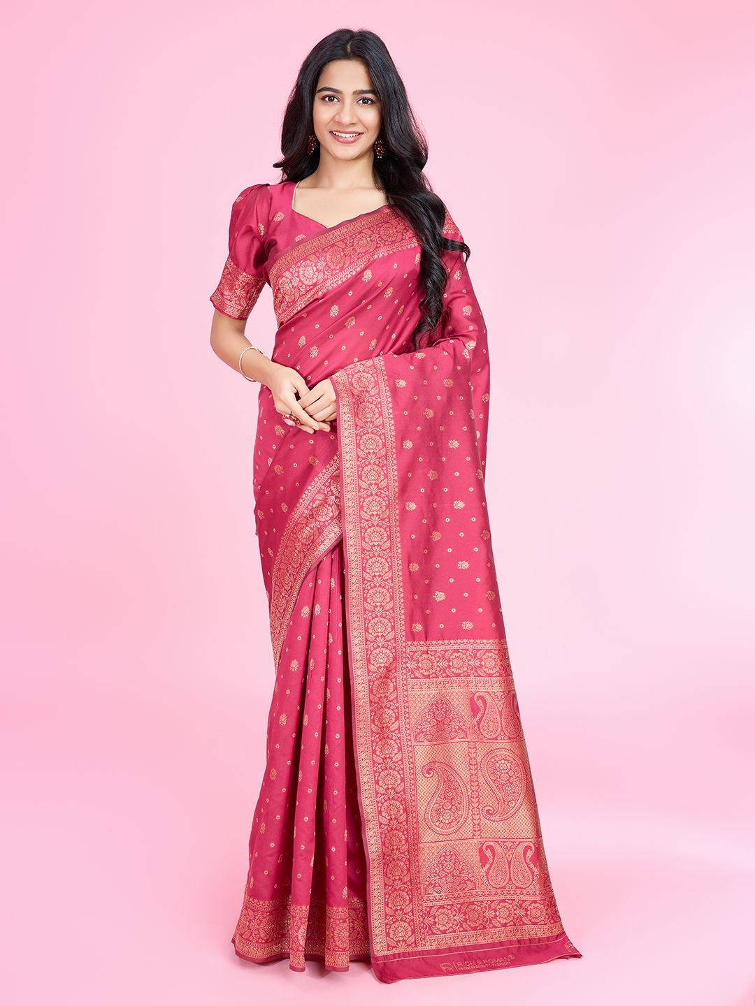 

RICH & ROMAN Woven Design Pure Silk Banarasi Saree, Pink