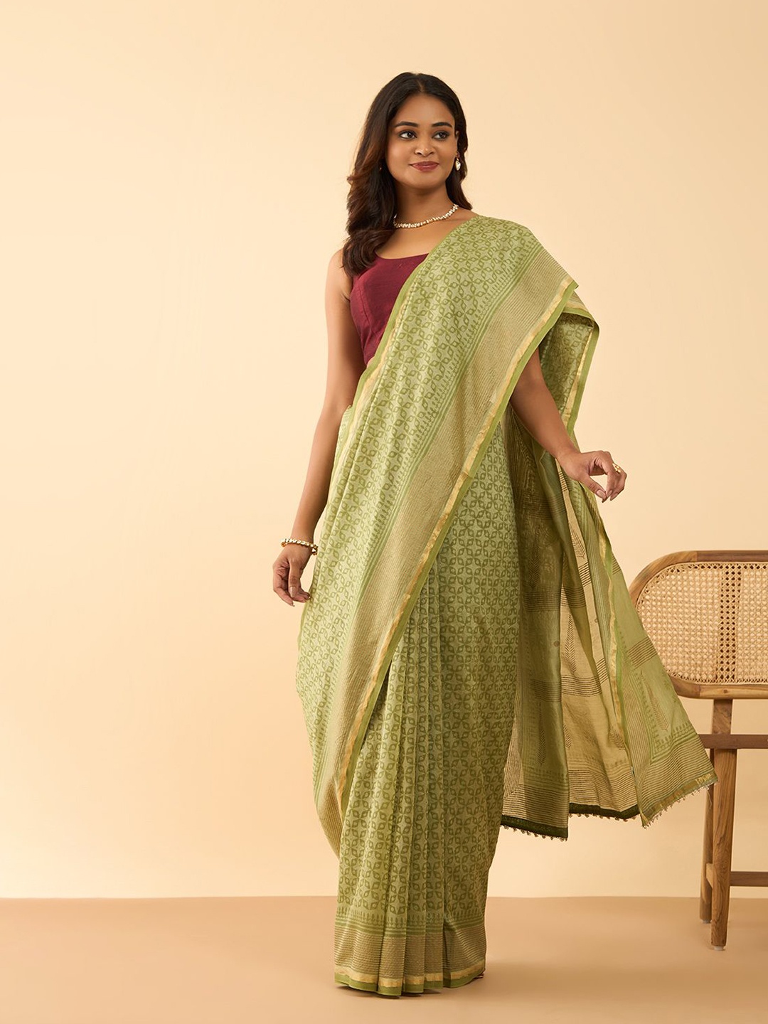 

Taneira Zari Block Print Saree, Green