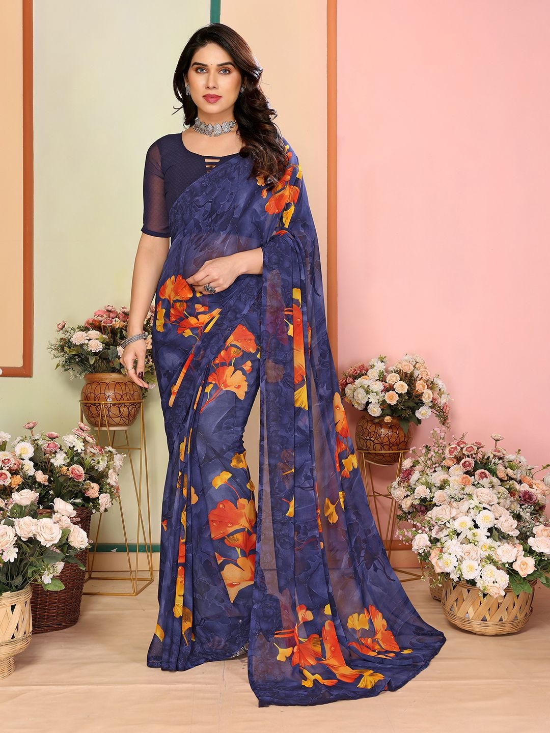 

ANAND SAREES Floral Poly Georgette Saree, Blue