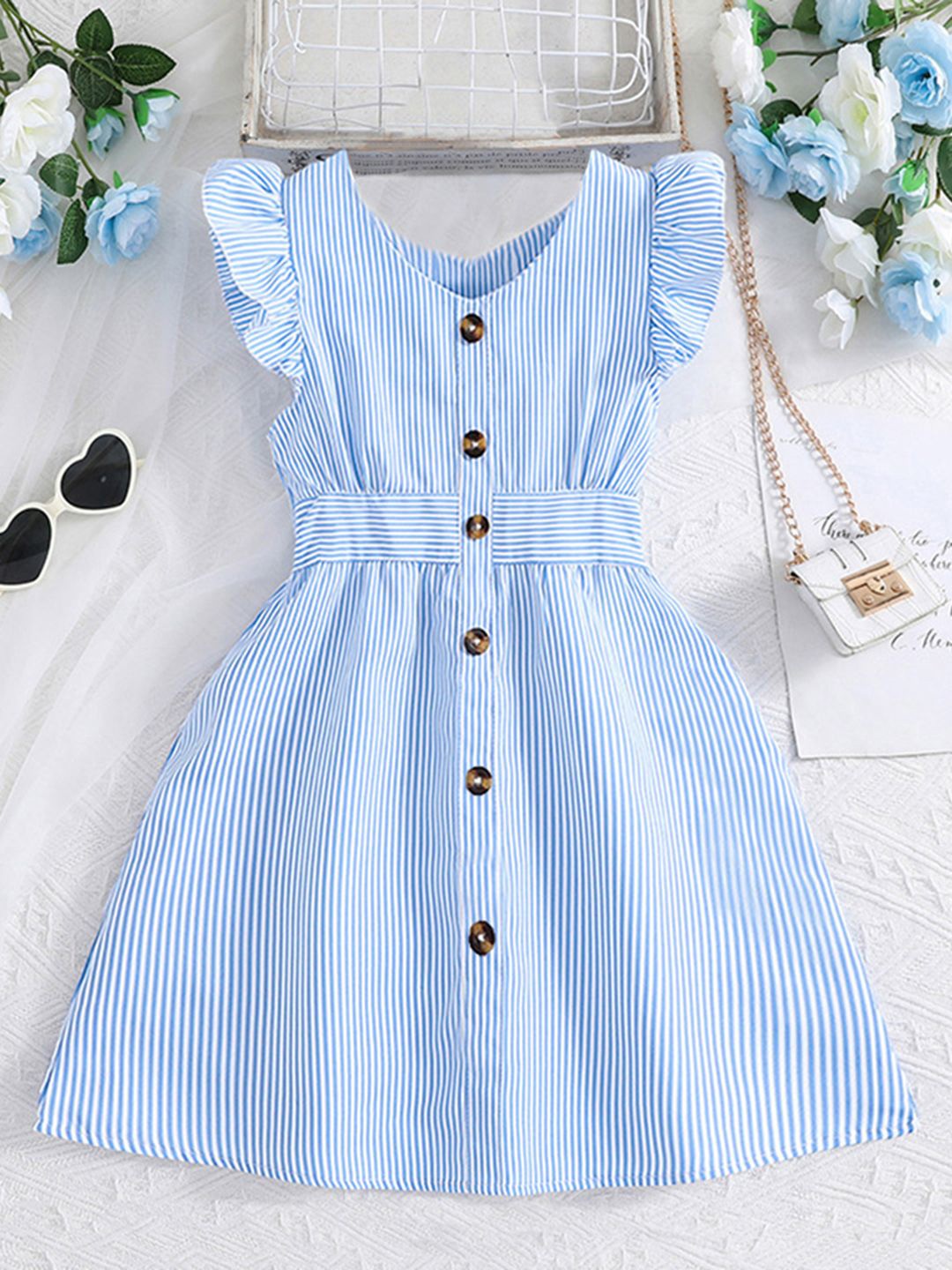 

INCLUD Girls Sky Blue Striped Flutter Sleeve A-Line Dress