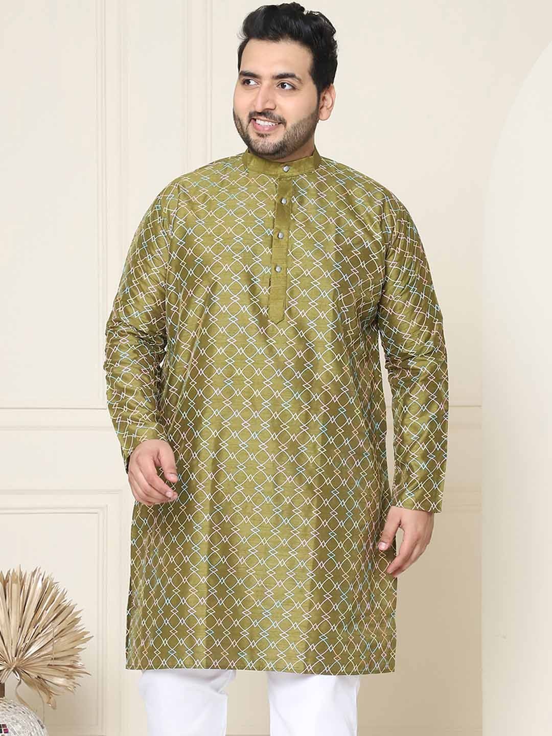 

SOJANYA PLUS Size Geometric Printed Band Collar Straight Kurta, Olive