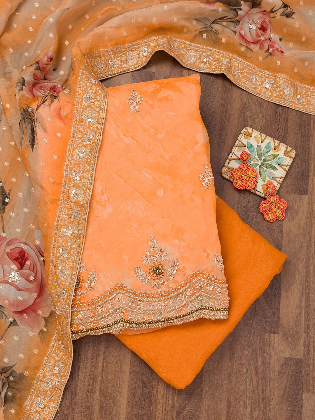 

Koskii Floral Printed Sequinned Unstitched Dress Material, Orange