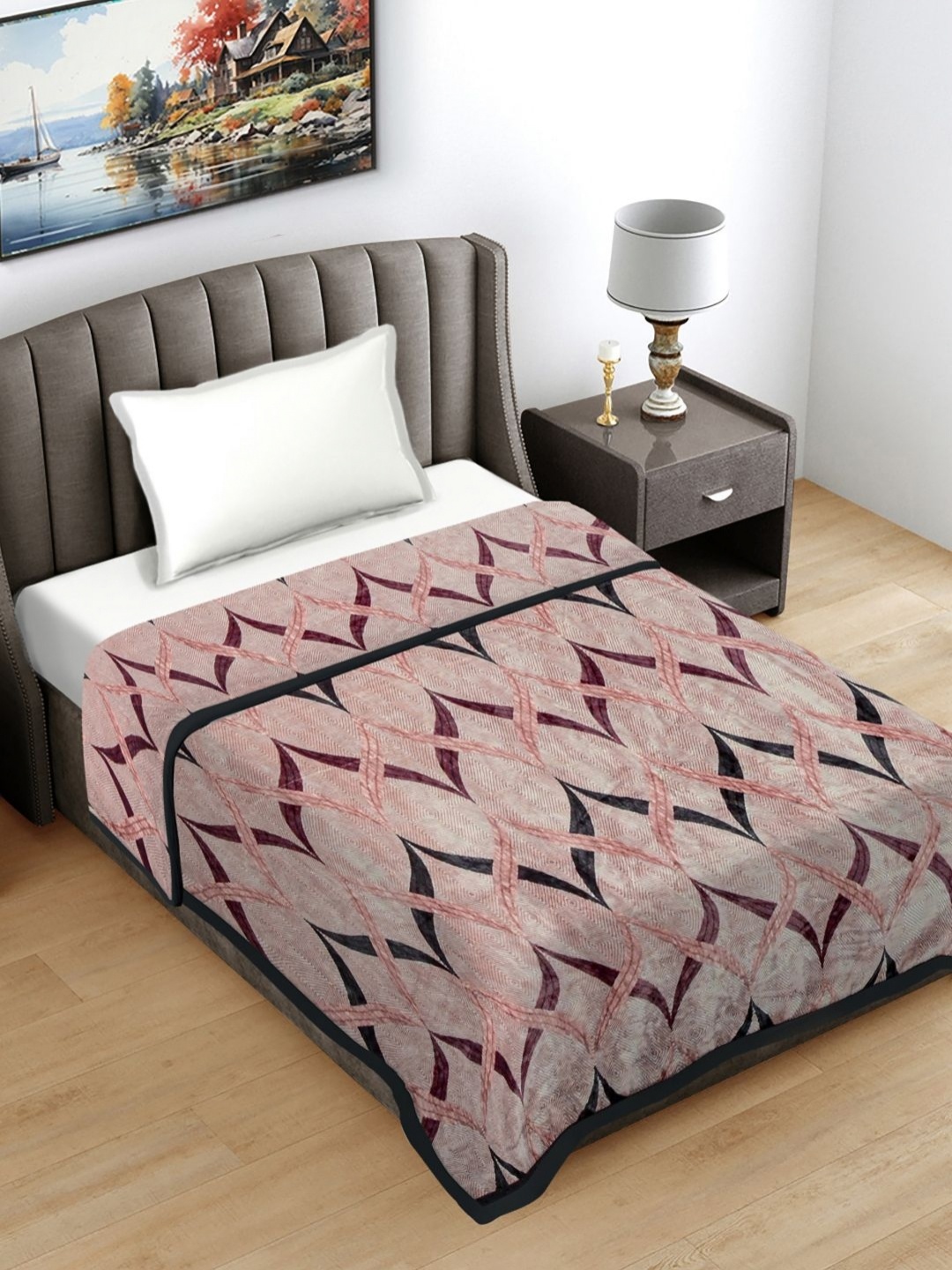 

FABINALIV Purple & Black Geometric Printed Woollen AC Room 300 GSM Single Bed Blanket