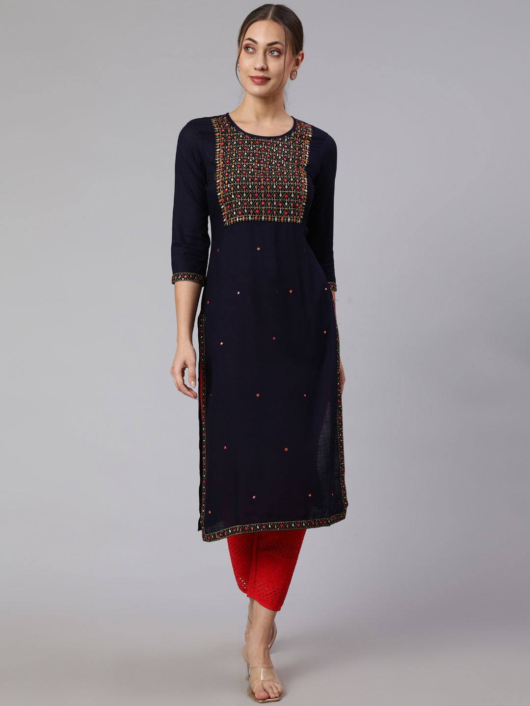 

STYLE ANGEL Embroidered Thread Work Round Neck Straight Kurta, Blue