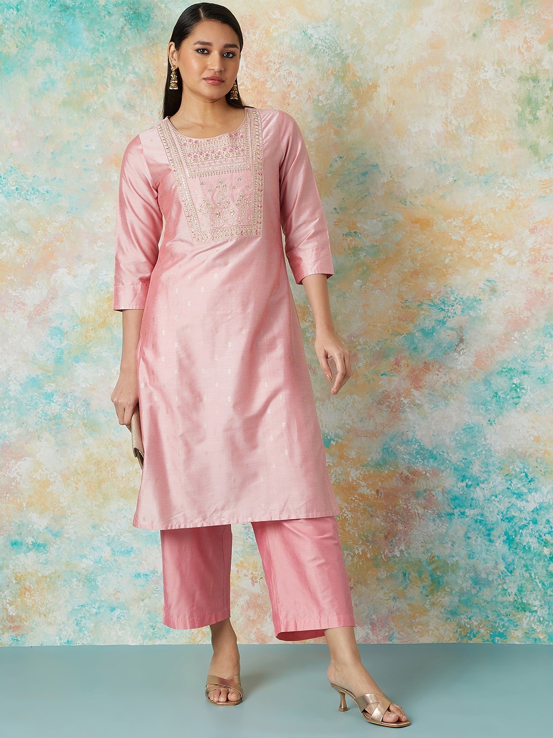 

Melange by Lifestyle Woven Design Floral Embroidered Thread Work Straight Kurta, Pink