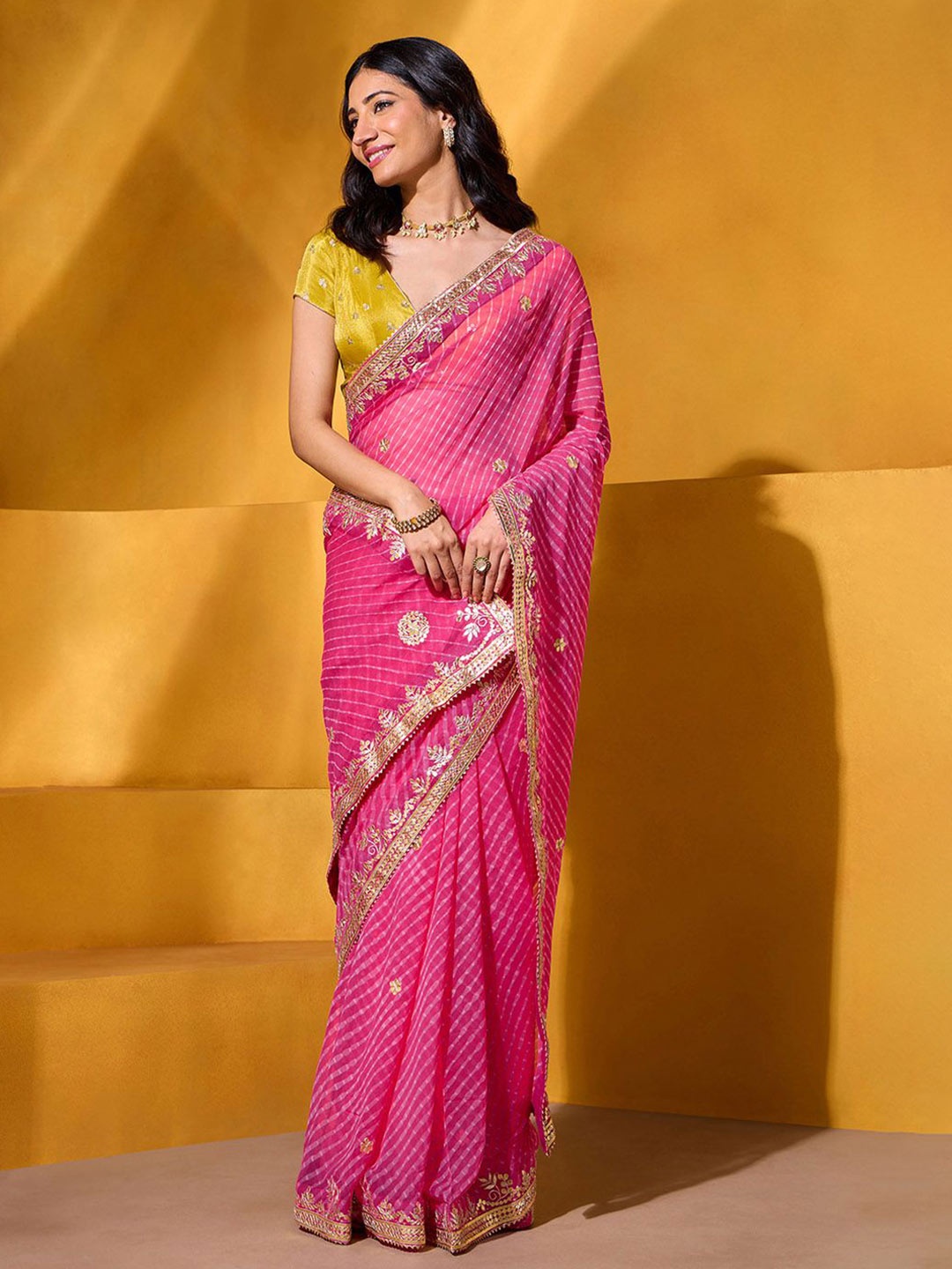 

Taneira Leheriya Embroidered Gotapatti Work Festive Saree, Pink