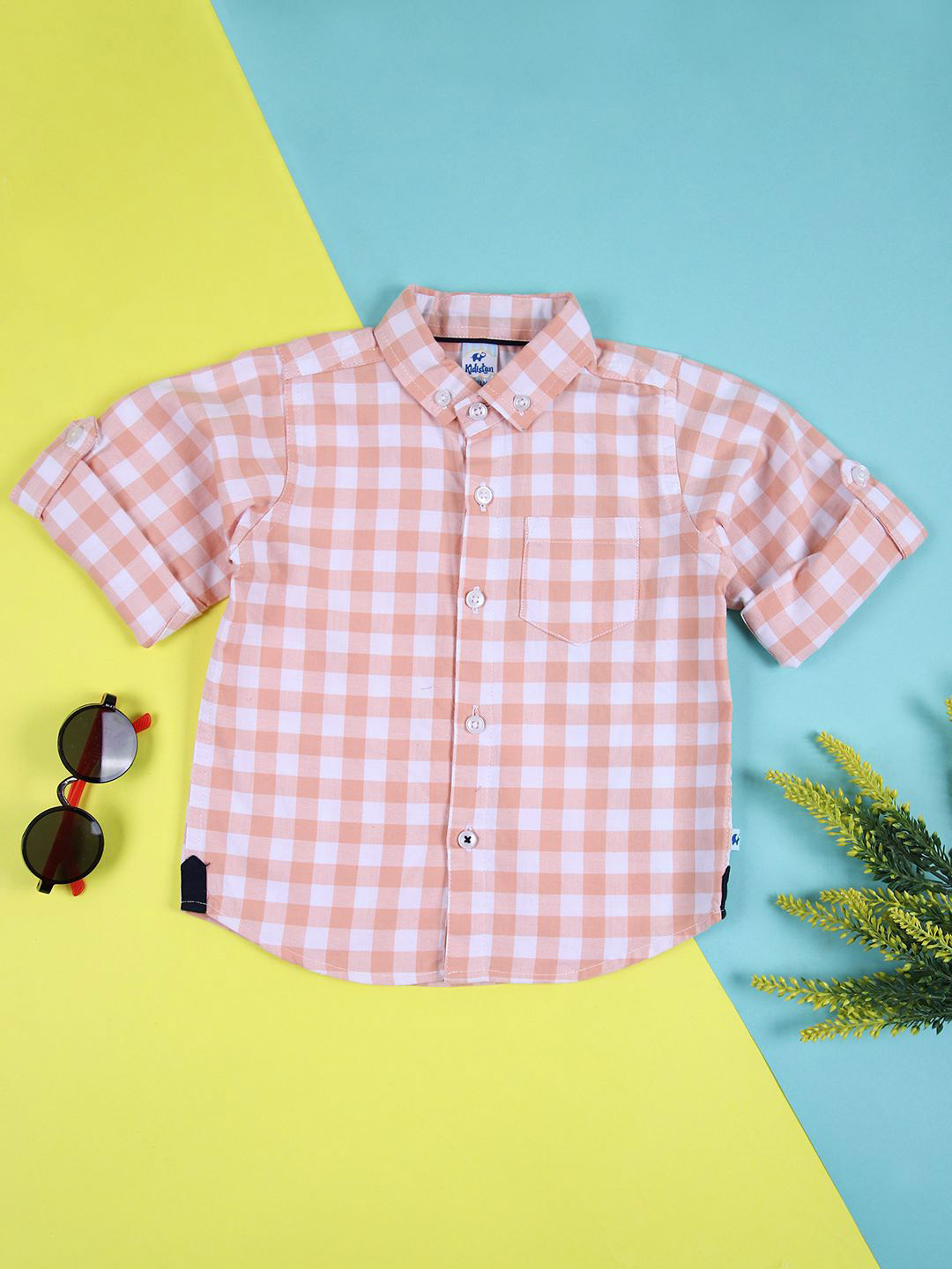 

V-Mart Boys Classic Button-Down Collar Gingham Checks Printed Cotton Casual Shirt, Peach