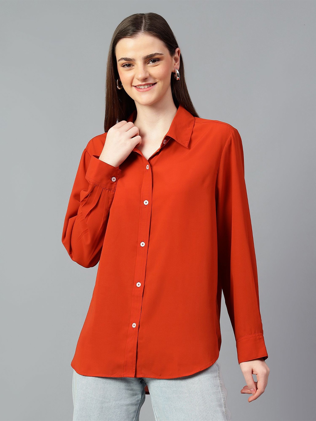 

Kotty Women Comfort Spread Collar Solid Oversized Casual Shirt, Orange