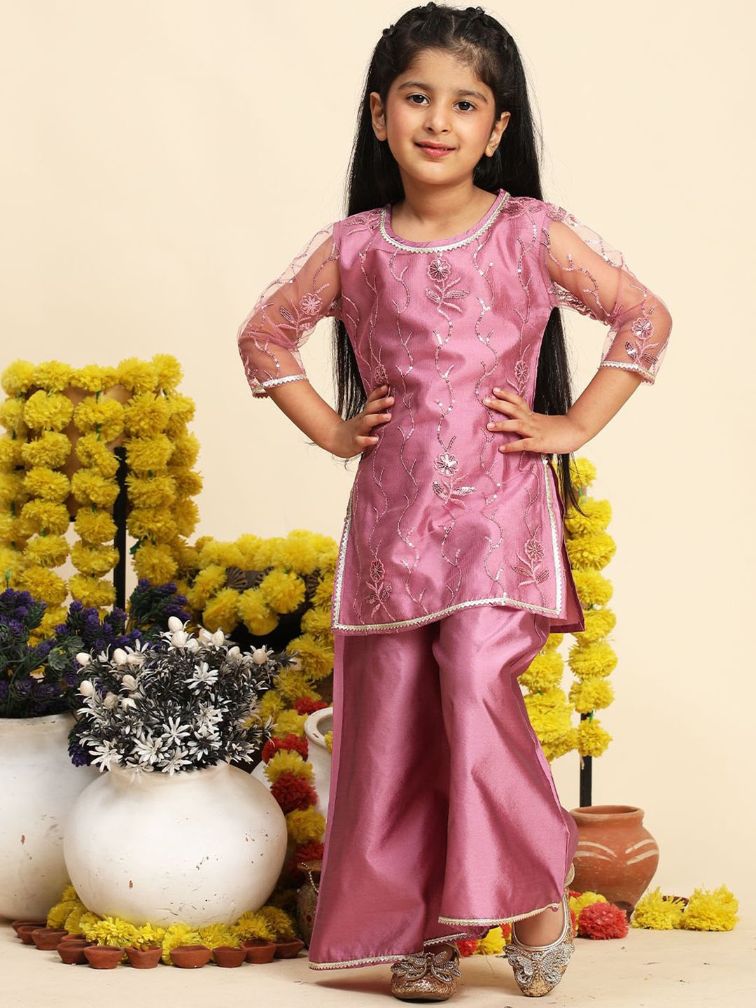 

Cutiekins Girls Floral Embroidered Sequinned Straight Kurta With Palazzos, Pink