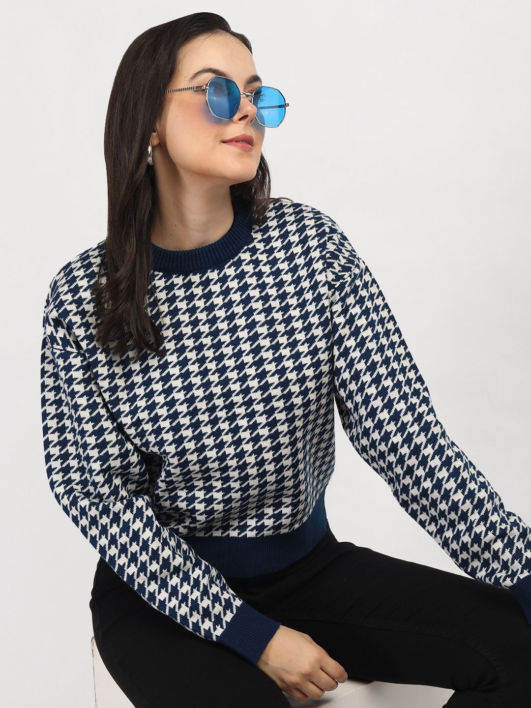 

CHKOKKO Women Woollen Crop Pullover, Blue