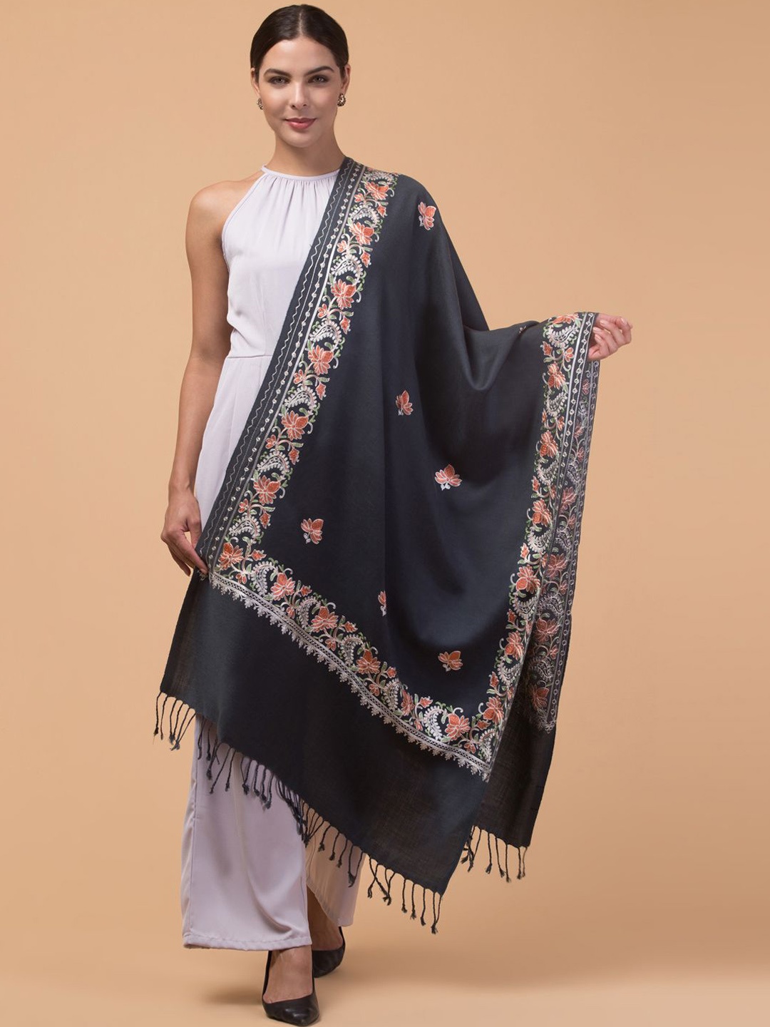 

Tweedle Floral Embroidered Acrylic Woollen Shawl, Grey