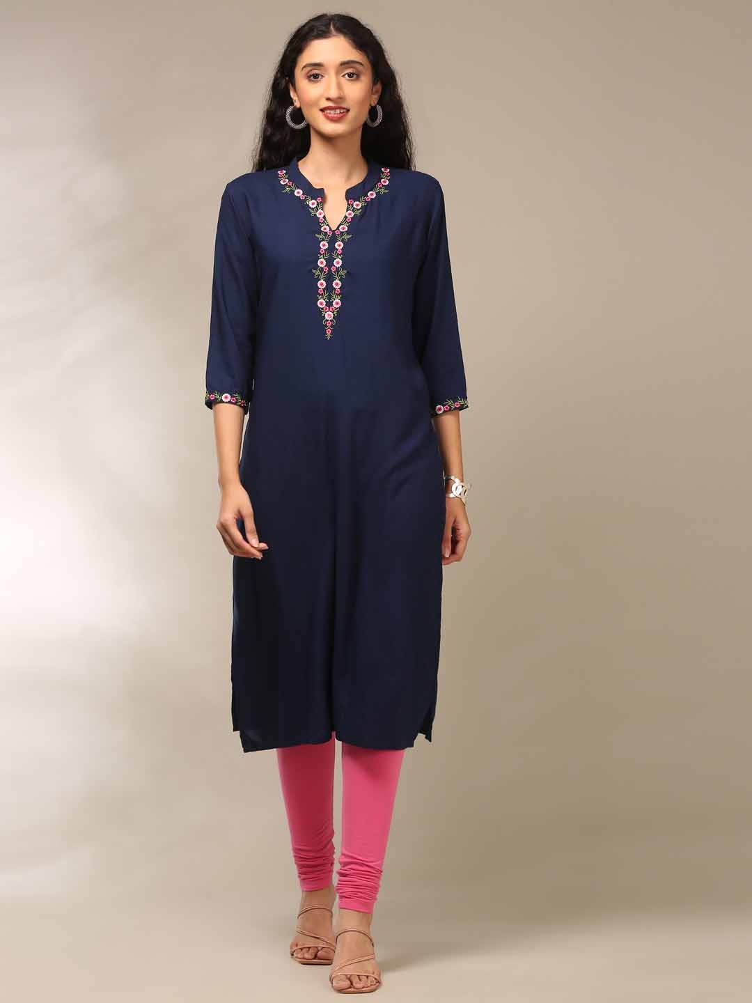 

Alena Floral Embroidered Mandarin Collar Thread Work Straight Kurta, Navy blue