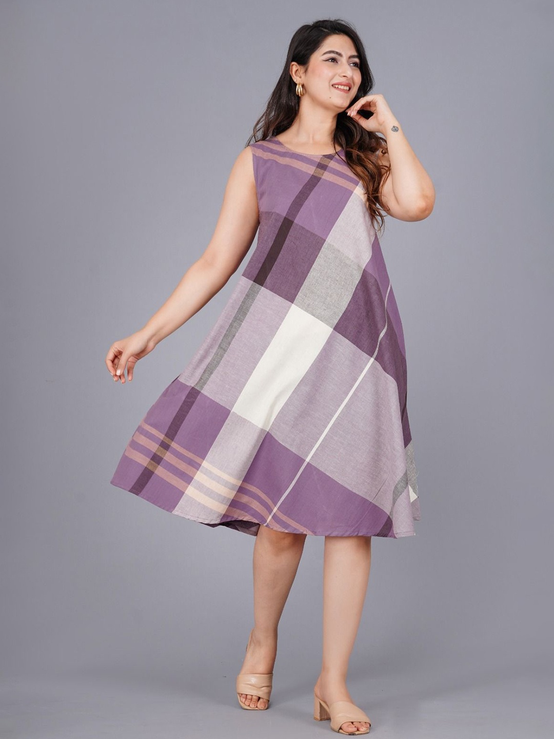 

Cloth Bites Women Cheacked Printed Round Neck A-line Knee Length Dress, Purple