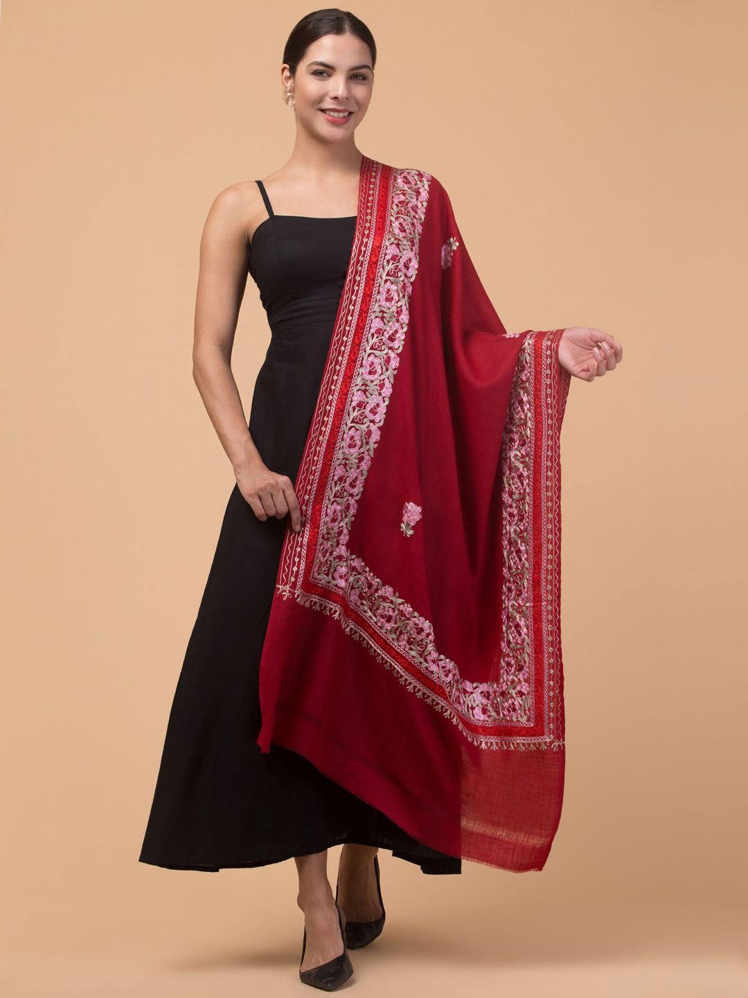 

Tweedle Floral Kashmiri Embroidered Pure Woollen Shawl, Maroon