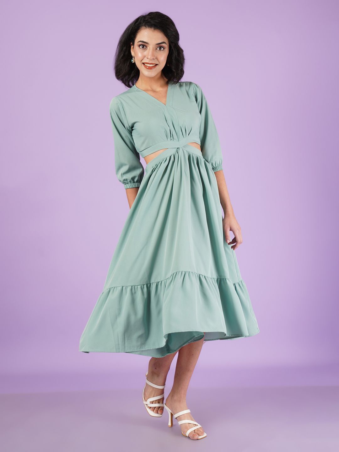 

ZWERLON Women Solid V-neck Puff Sleeves Fit & Flare Midi Dress, Sea green