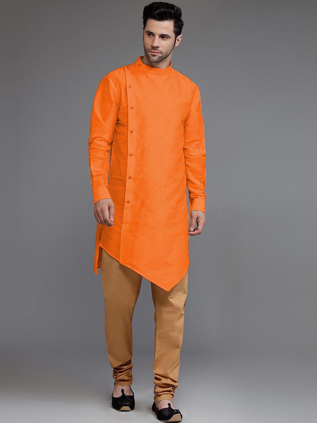 

Utsav Fashion Mandarin Collar Regular Pintucked Kurta With Churidar, Orange