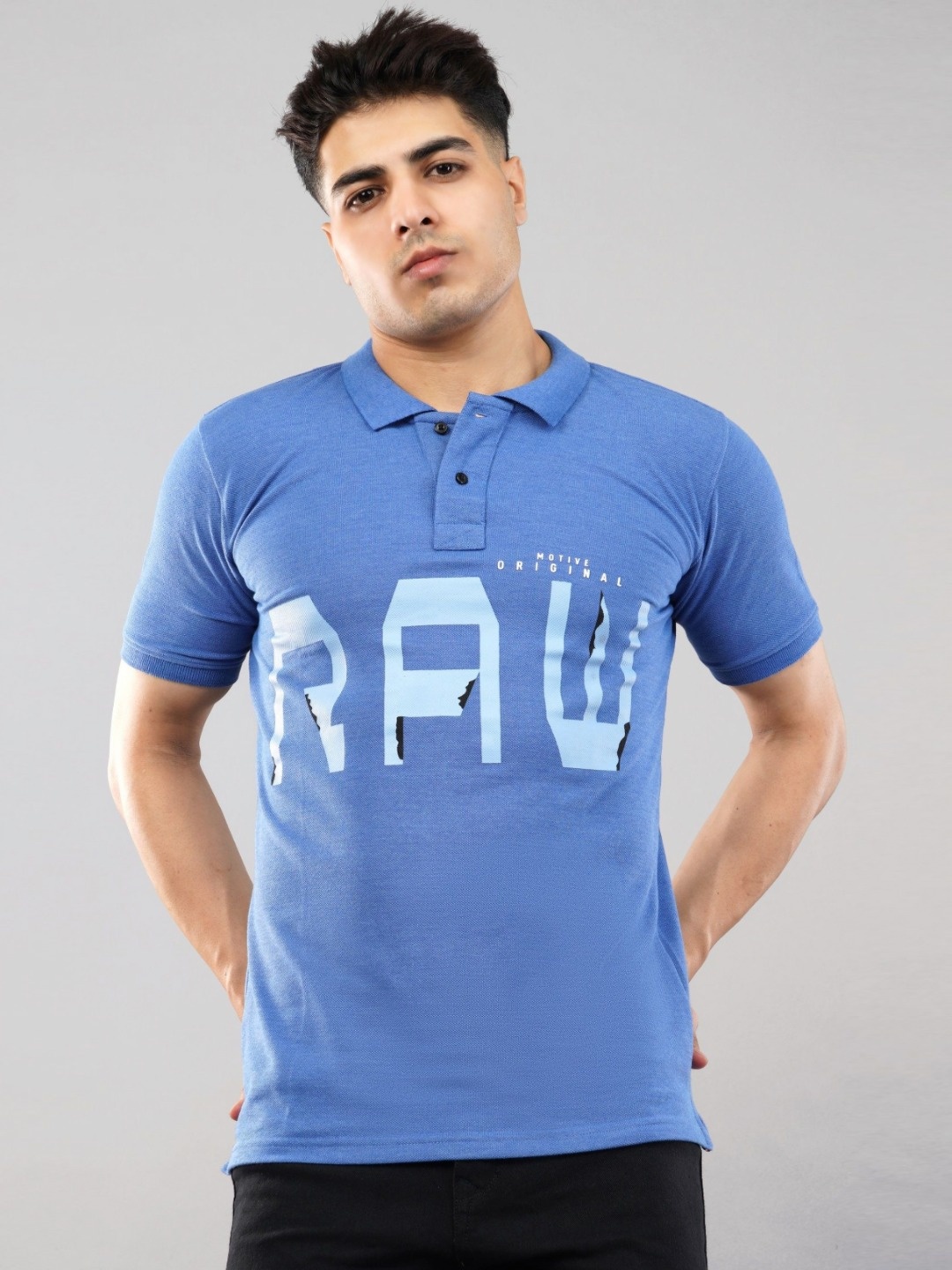 

MEGHZ Men Typography Printed Polo Collar Cotton Slim Fit T-shirt, Blue
