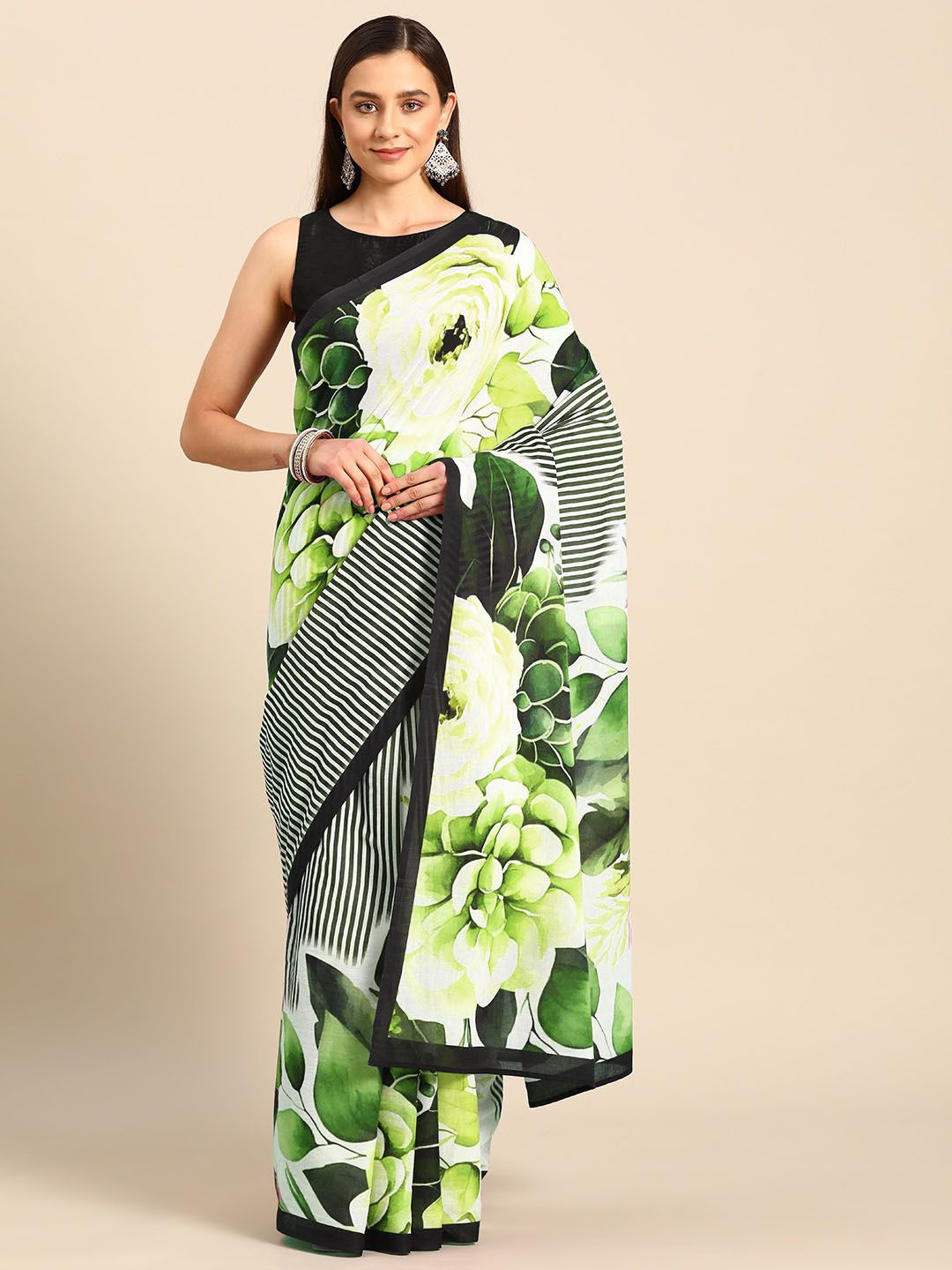 

BUTA BUTI Floral Printed Pure Cotton Saree, Green