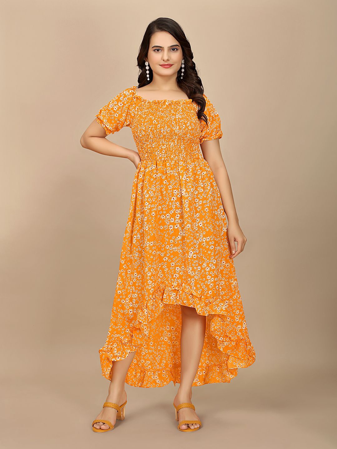 

BAESD Floral Printed Smocked Detail Fit & Flare Dress, Orange