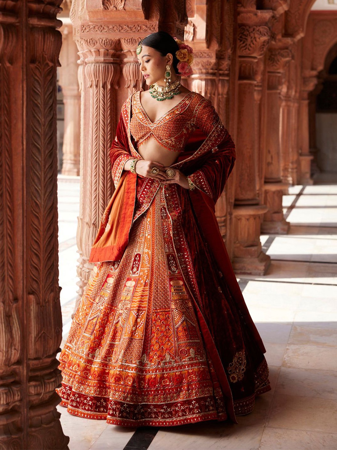 

KIASA By Ronak & Shruti Embellished Mirror Work Ready to Wear Lehenga Blouse With Dupatta, Rust