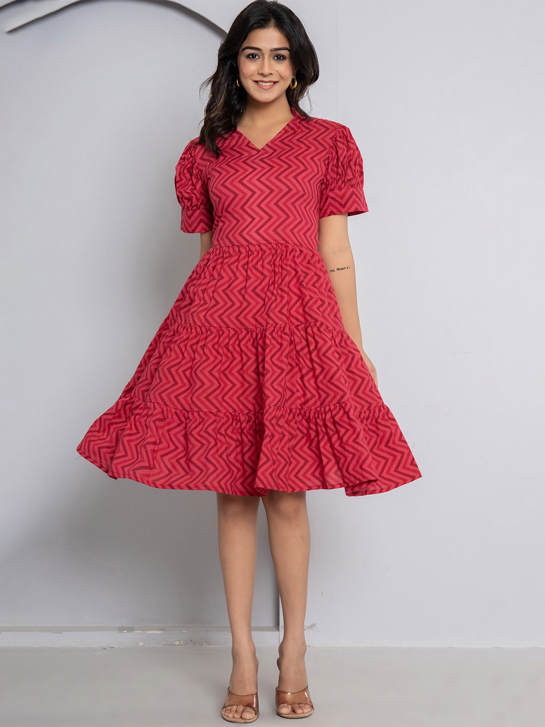 

JAIPURI BUNAAI Women Puff Sleeve Fit and Flare Dress, Pink