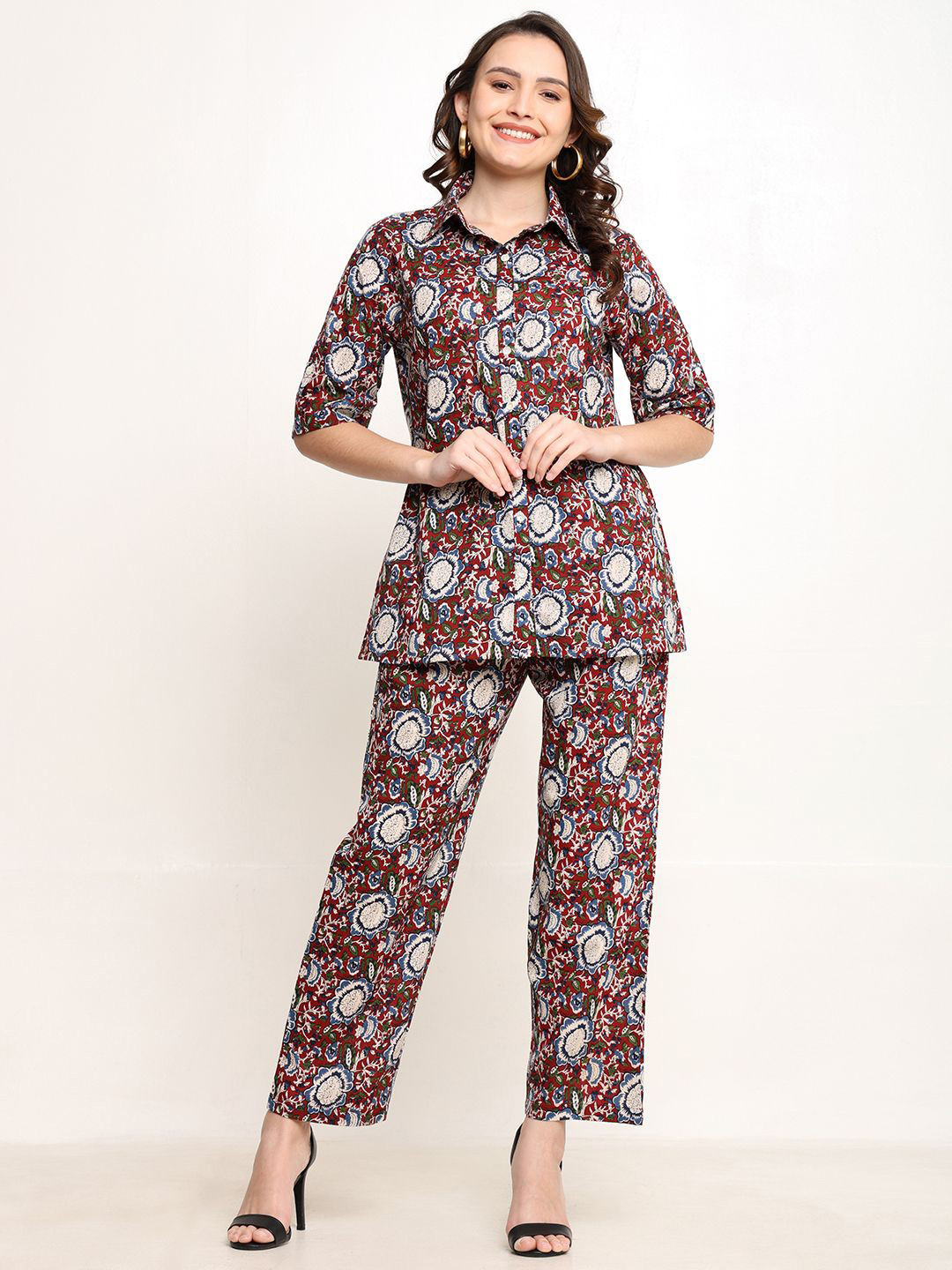 

CORDSET Printed Pure Cotton Collar Shirt With Trousers Co-Ords, Maroon