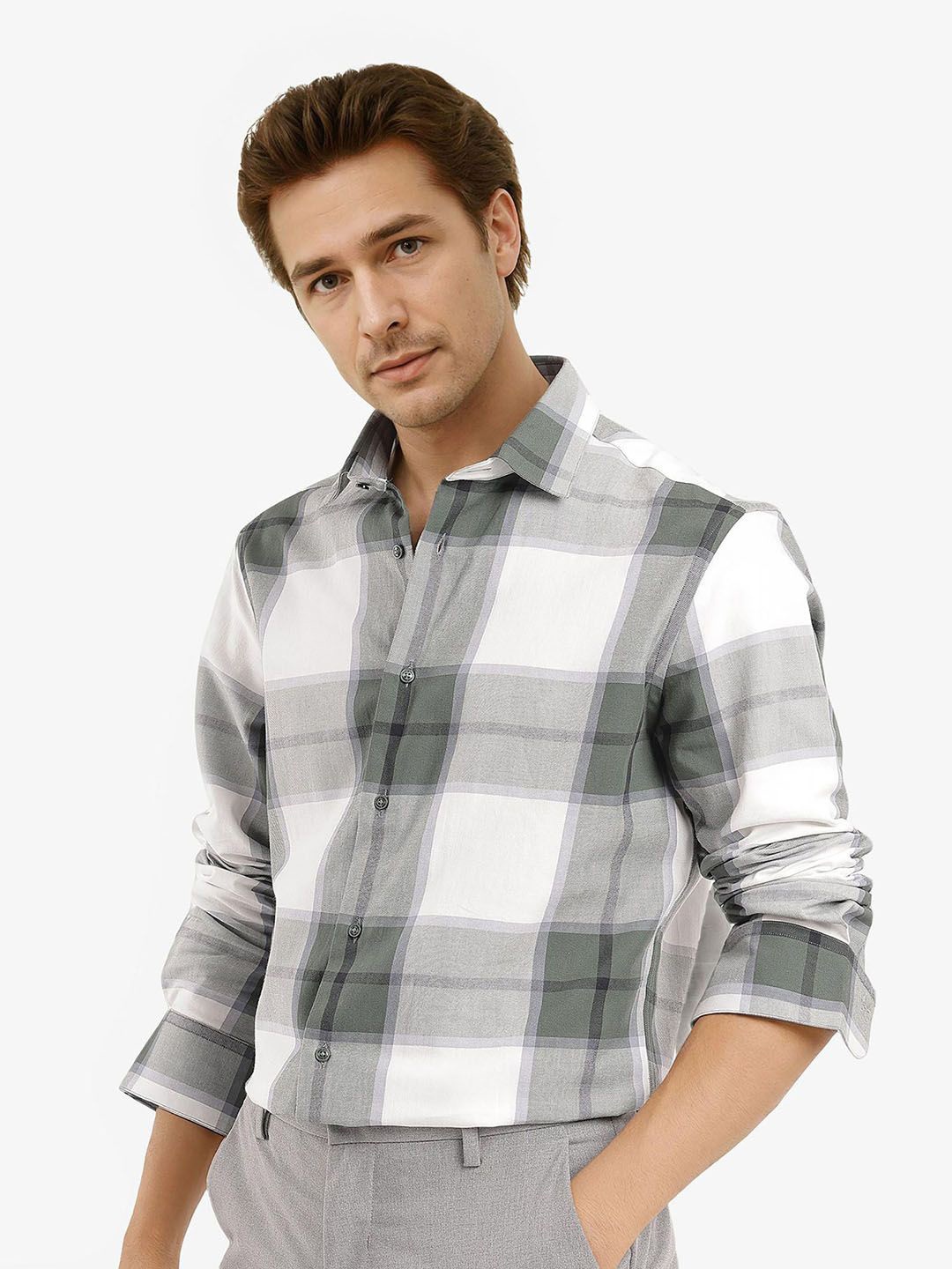 

RARE RABBIT Men Comfort Spread Collar Checked Cotton Casual Shirt, Green