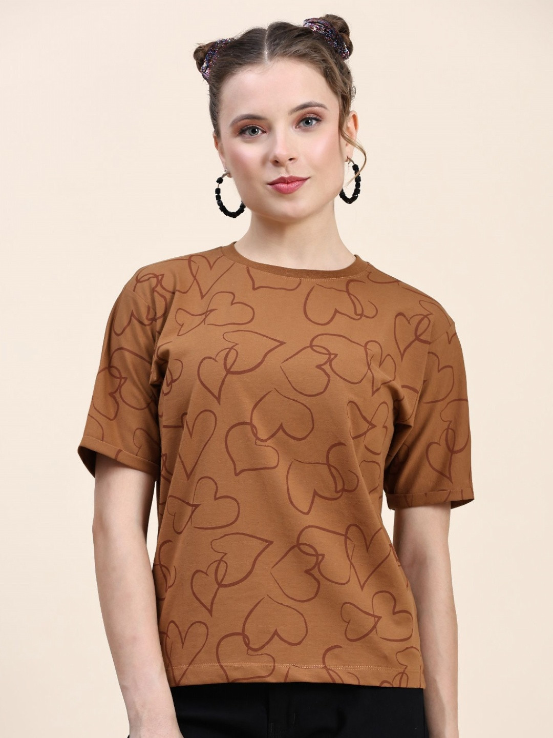 

AECK Women Conversational Printed Round Neck Cotton Relaxed Fit T-shirt, Tan