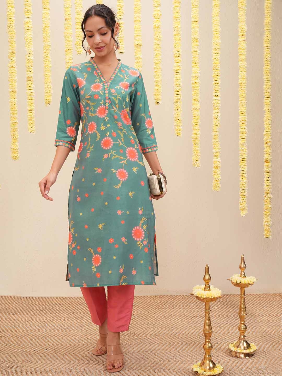 

Vishudh Floral Printed V-Neck Straight Kurta, Teal