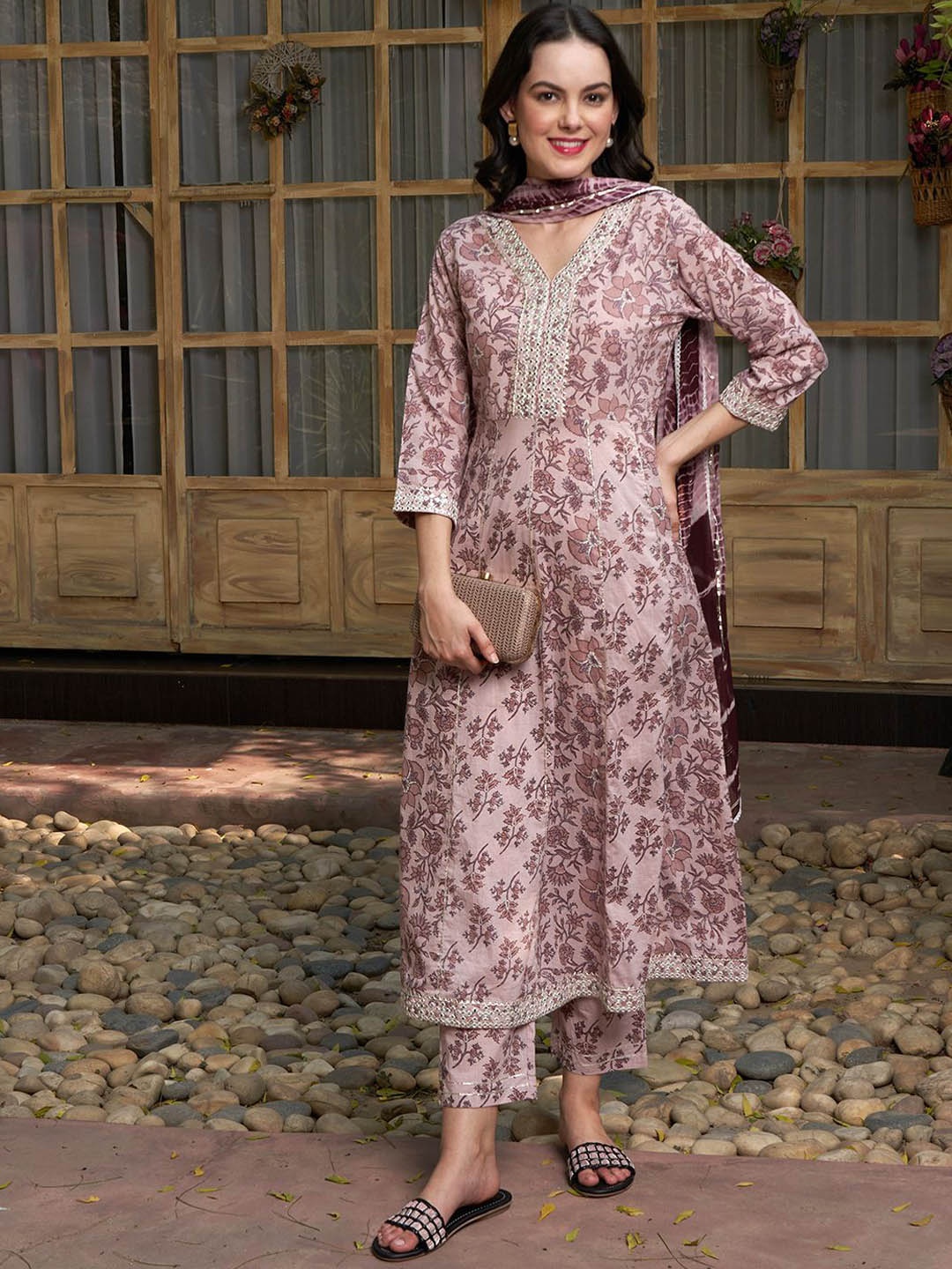 

BANDIA Floral Printed Mirror Work Pure Cotton Anarkali Kurta With Trousers & Dupatta, Mauve